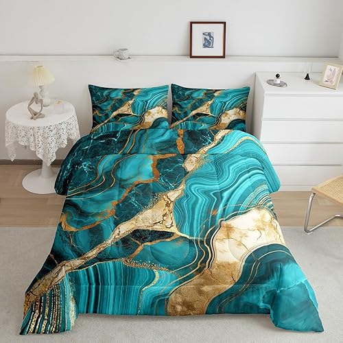 Miniatura 7 de Erosebridal Juego de edredón de mármol azul matrimonial, ropa de cama dorada agrietada para niños y niños, juegos de edredón de textura metálica