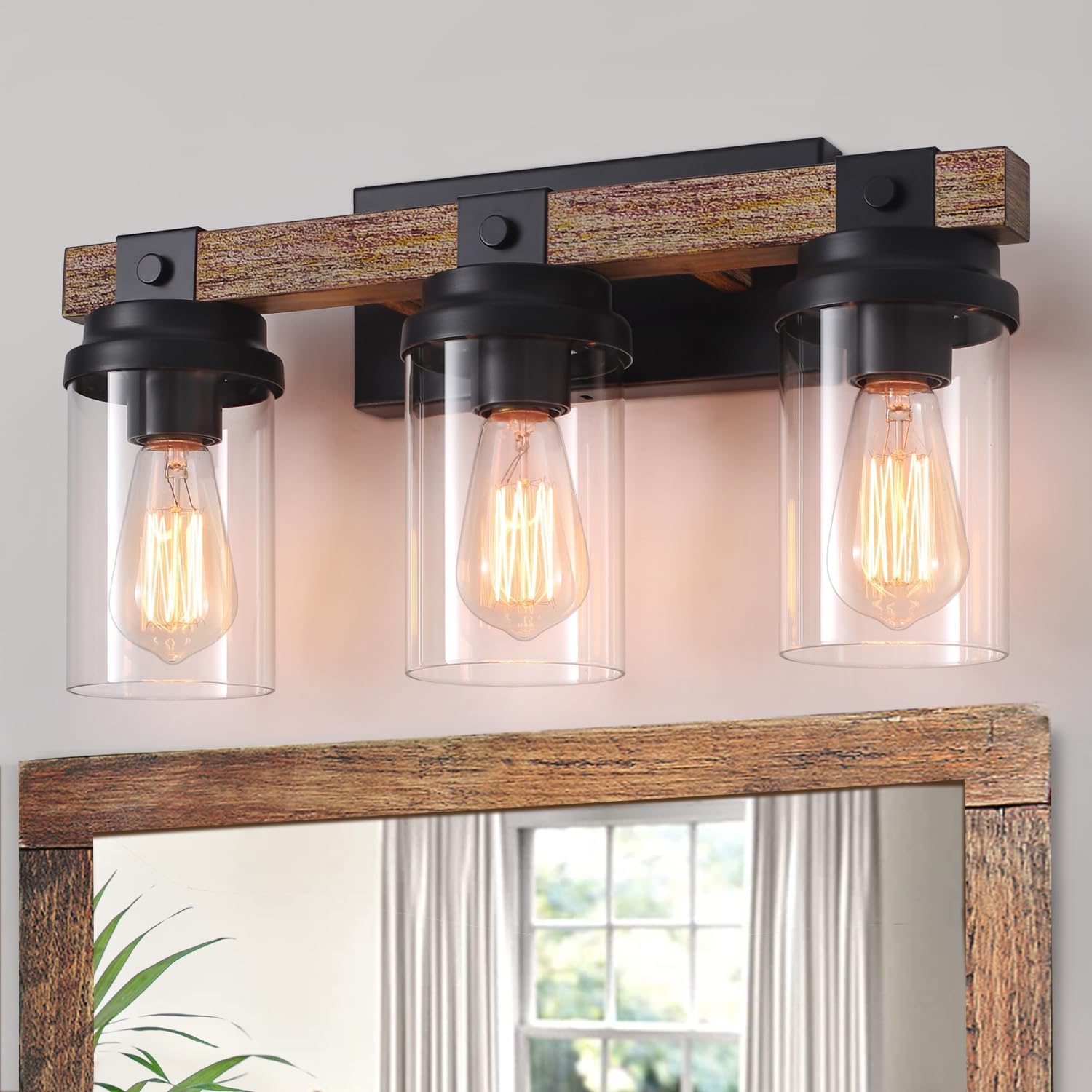 Farmhouse Bathroom Light Fixtures, 3Lights Wood Grain Rustic Black Bathroom Vanity Light Over