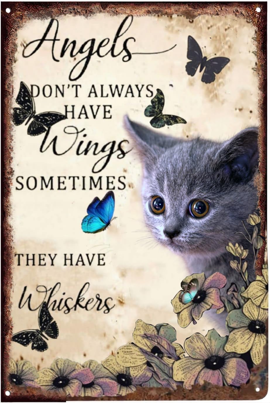 rayprint Tin Hanging Picture Angels Don't Have Wings Sometimes They Have Whiskers Tin Sign Vintage Floral Cat Cat Lovers Gift Vintage Metal Sign Plaque Metal Man Cave Bar Home Wall Decora 8"x12"