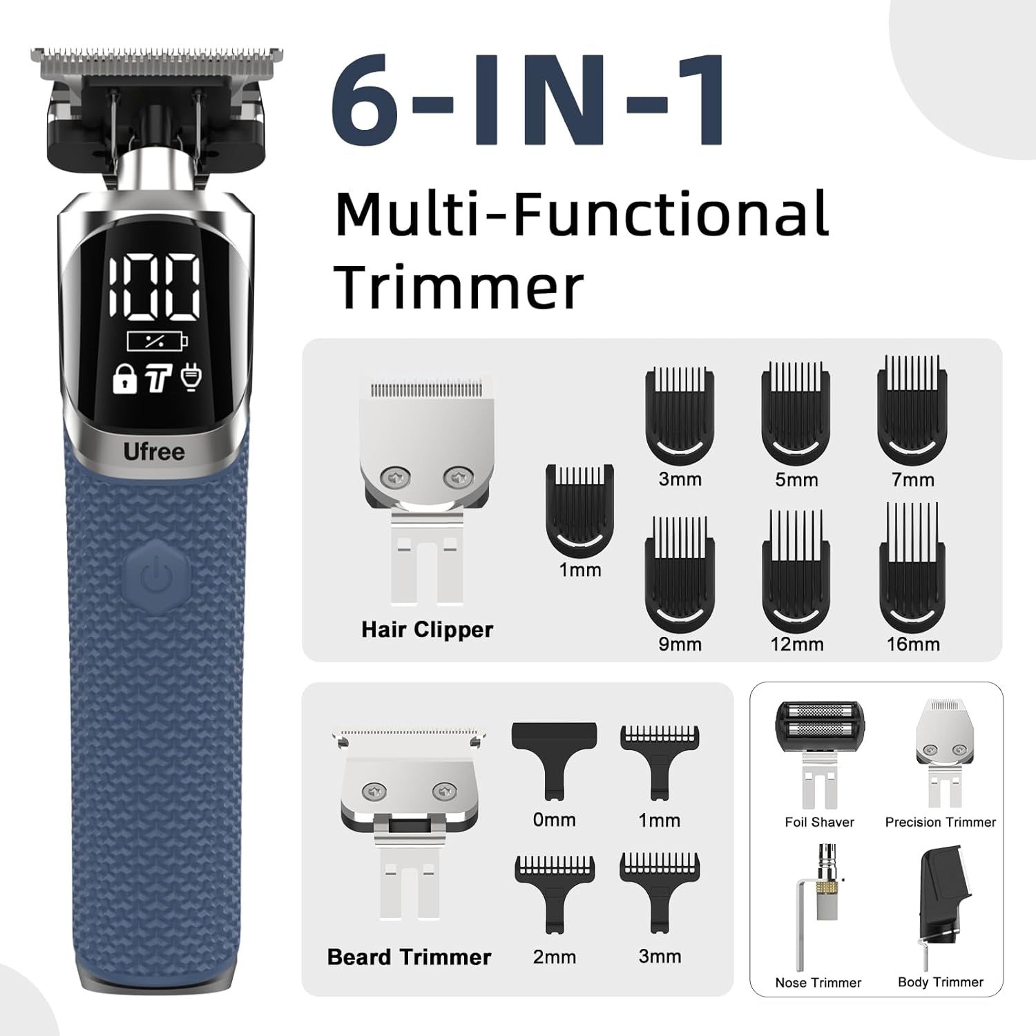 Ufree 6-in-1 Professional Beard Trimmer for Men, IPX6 Waterproof Electric Shaver Razor, Cordless Body Hair Trimmer for Mustache, Nose, Type-C Mens Gooming Kits, Birthday Valentines Gifts for Him - Image 7