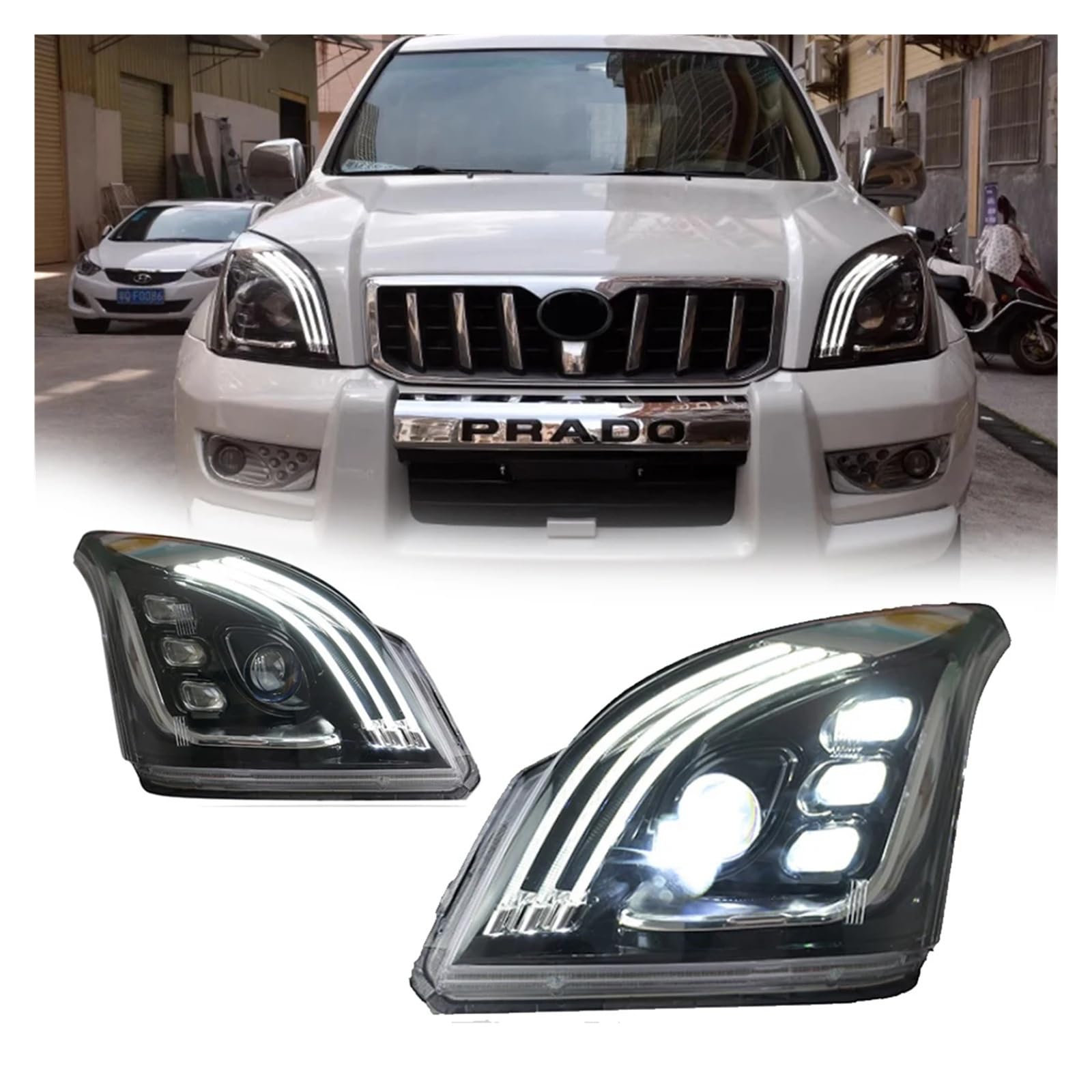 Pasuje do Toyota Prado 03-09 w nowym stylu pełna dioda LED DRL reflektor samochodowy montaż sygnału akcesoria samochodowe zmodyfikowana lampa reflektory LED