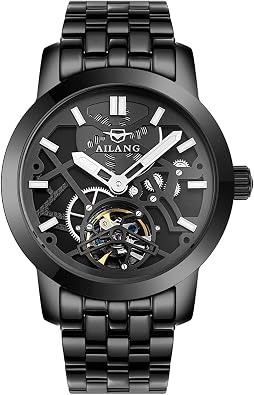 WhatsWatch Mens Steampunk Black Skeleton Self-Winding Auto Mechanical Wrist Watch -296