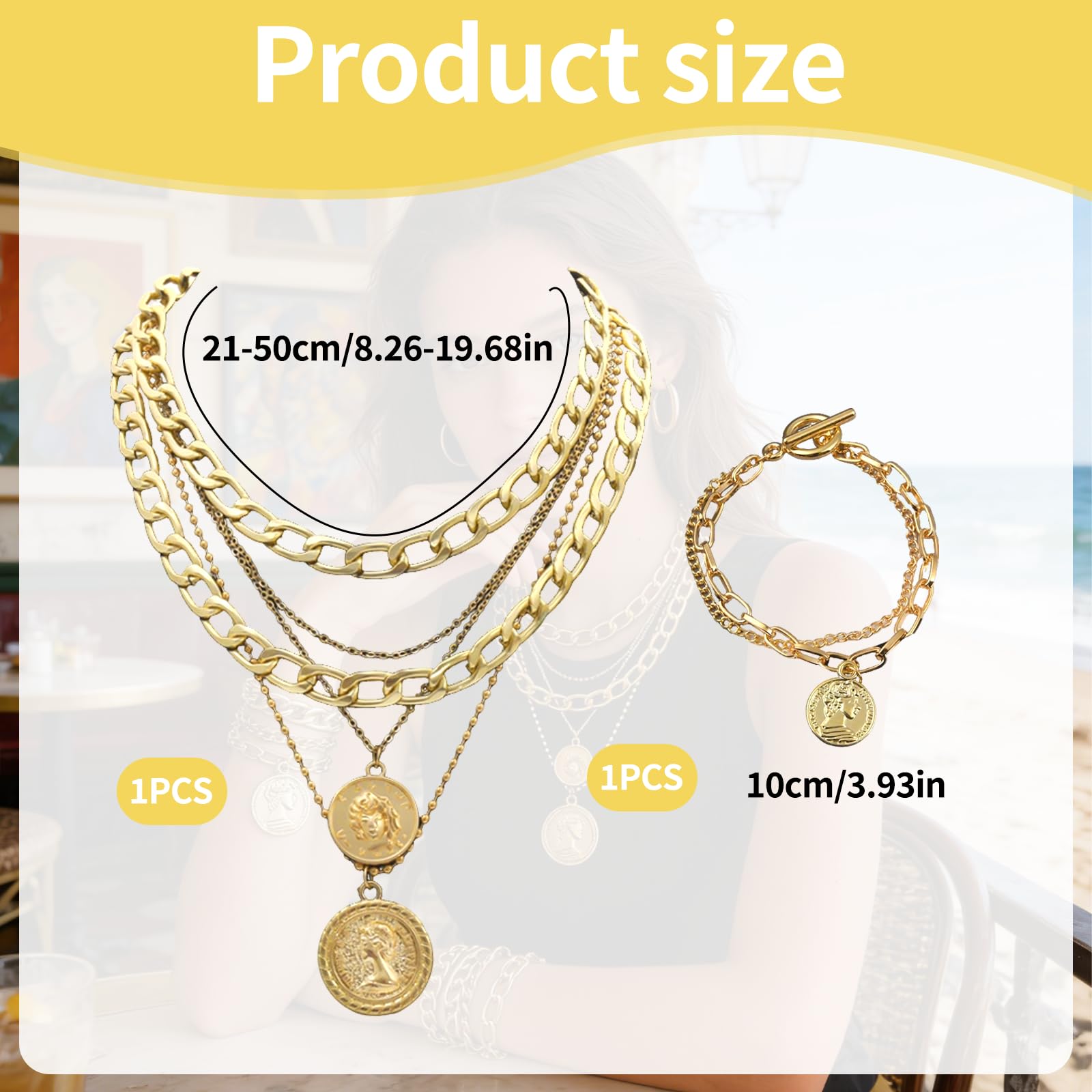 Set 2 Pezzi Collana e Bracciale Donna Oro – Collana Punk con Maglia Cubana e Pendente Moneta, Choker Spesso per Carnevale, Halloween e Feste a Tema