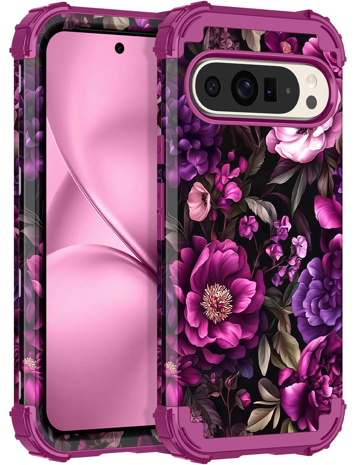 LONTECT for Google Pixel 10 Pro XL Case Floral Shockproof Rugged Heavy Duty 3 in 1 Hybrid Sturdy High Impact Protective Cover Case for Google Pixel 10 Pro XL,Magenta