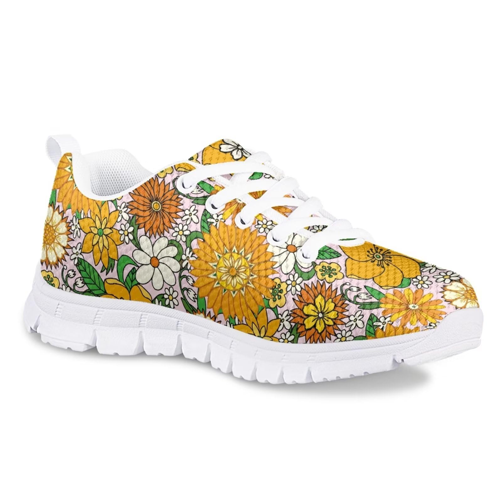 GIFTPUZZ Yellow White Flower Walking Shoes for Kids Non Slip Breathable Lightweight Sneakers Athletic Tennis Shoes Running Shoes for Gym Travel Jogging Hiking Size 13