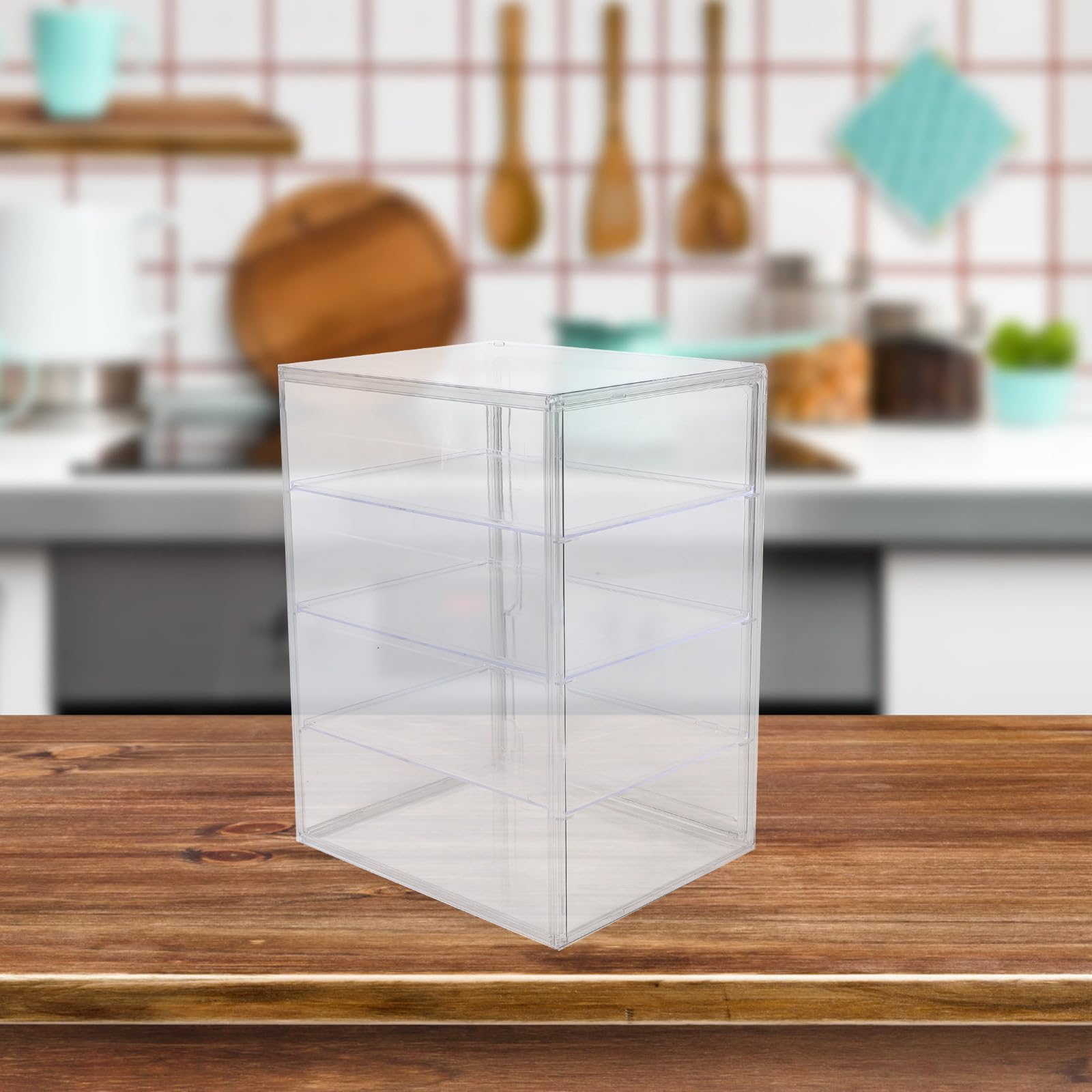 Vitrina Transparente de Acrílico de 4 Niveles con Puerta Magnética y Estantes Ajustables para Almacenamiento de Pan en Encimera de Cocina