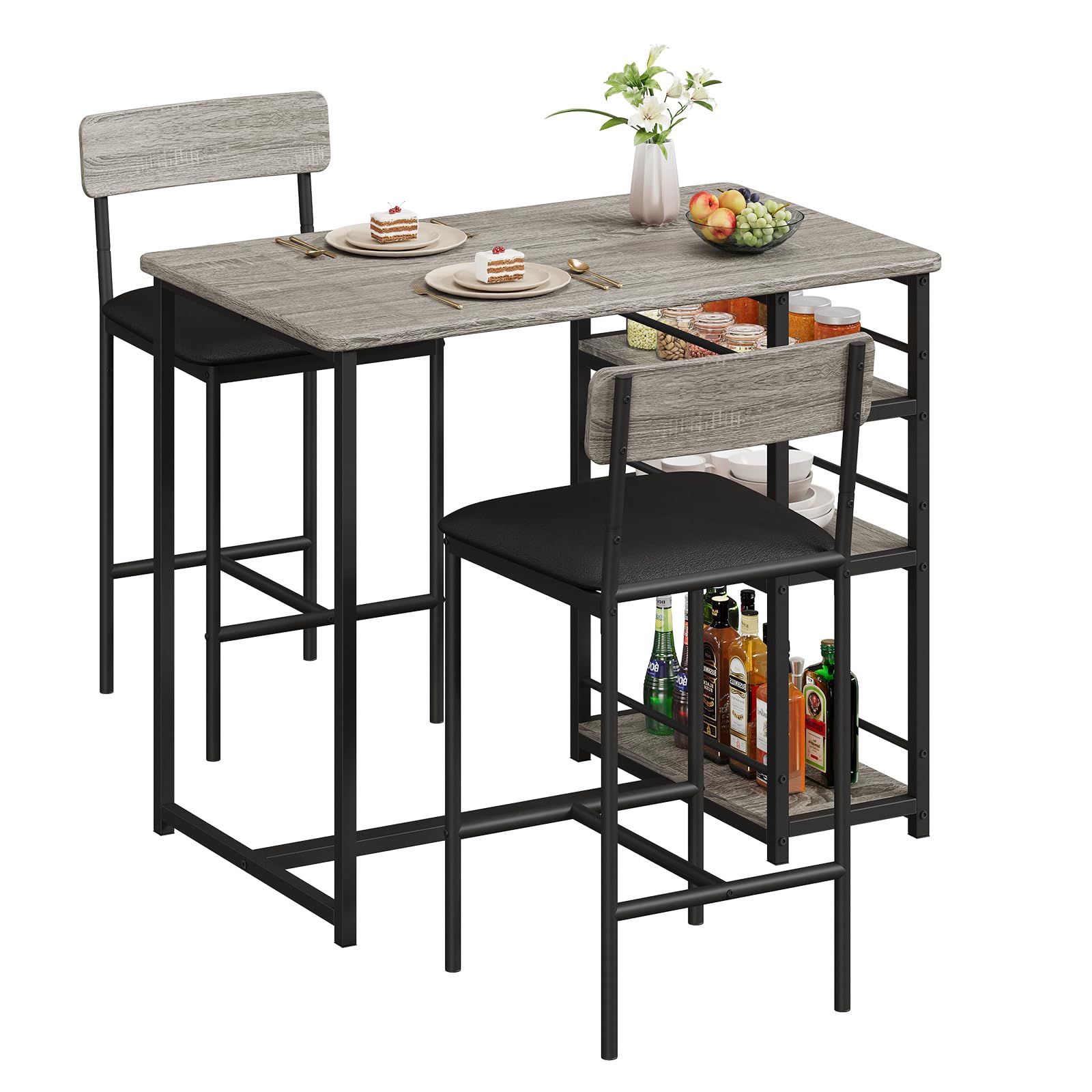 Zstar Juego De Mesa De Comedor para 2, Sillas Tapizadas, Juego De Mesa De Bar De 3 Piezas con Estante de Almacenamiento de 3 Niveles， para Espacios Pequeños, Apartamentos y Estudios, Gris