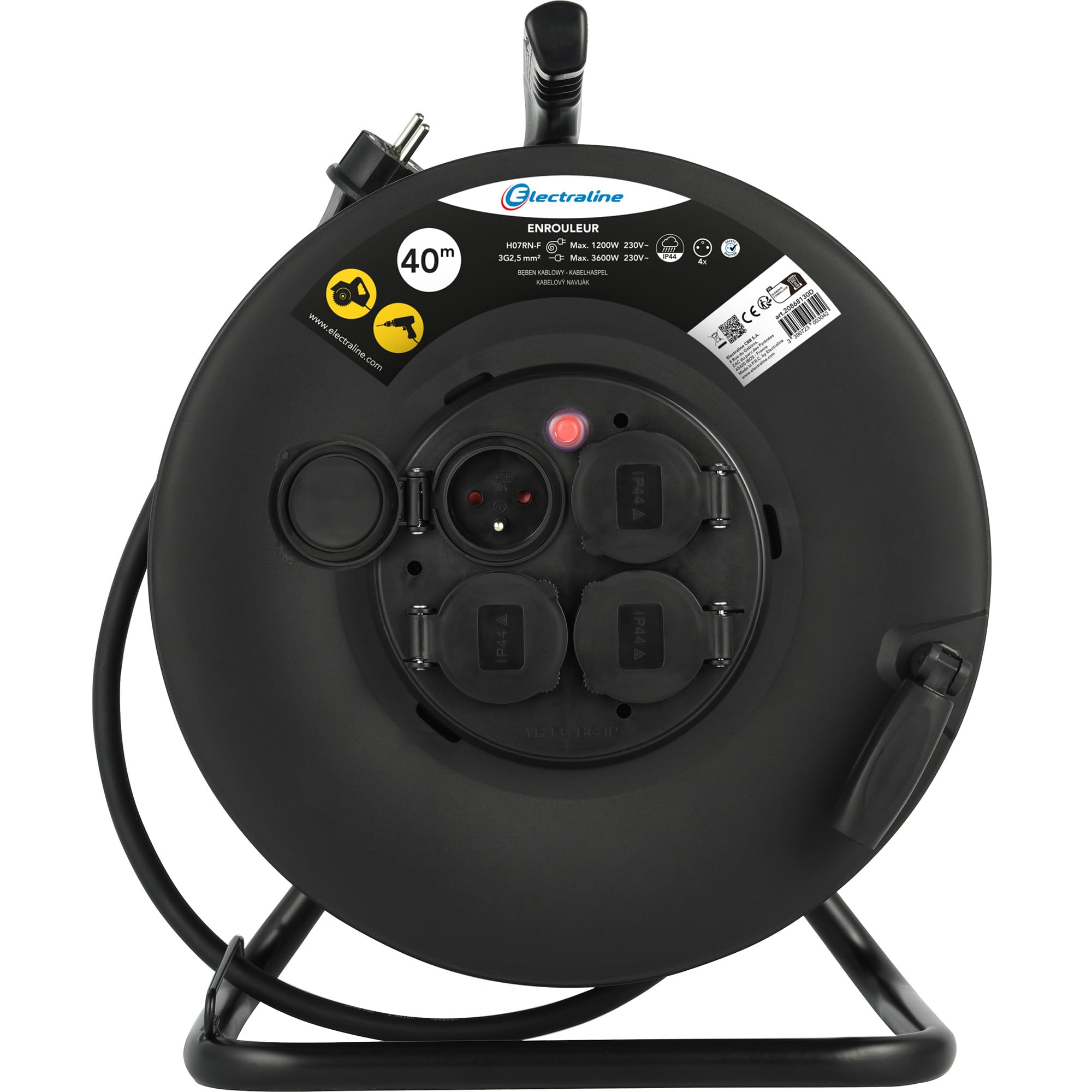 Electraline 20868130D Przedłużacz elektryczny IP44 Profesionnelle z nawijaczem 40M, gumowy kabel H07RN-F 3G2,5 mm², 4 gniazda 16A