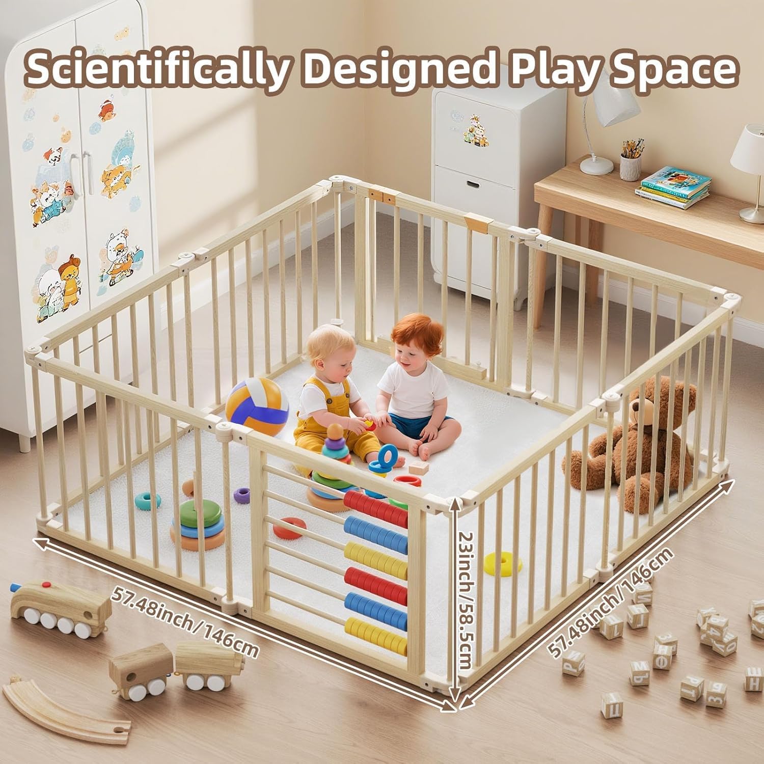 Baby Playpen,Wooden Foldable Playpen For Toddlers and Babies with Locking Gate, 8 Panels Baby Fence, Indoor Play Yard with Abacus, Kids Activity Center — view 3