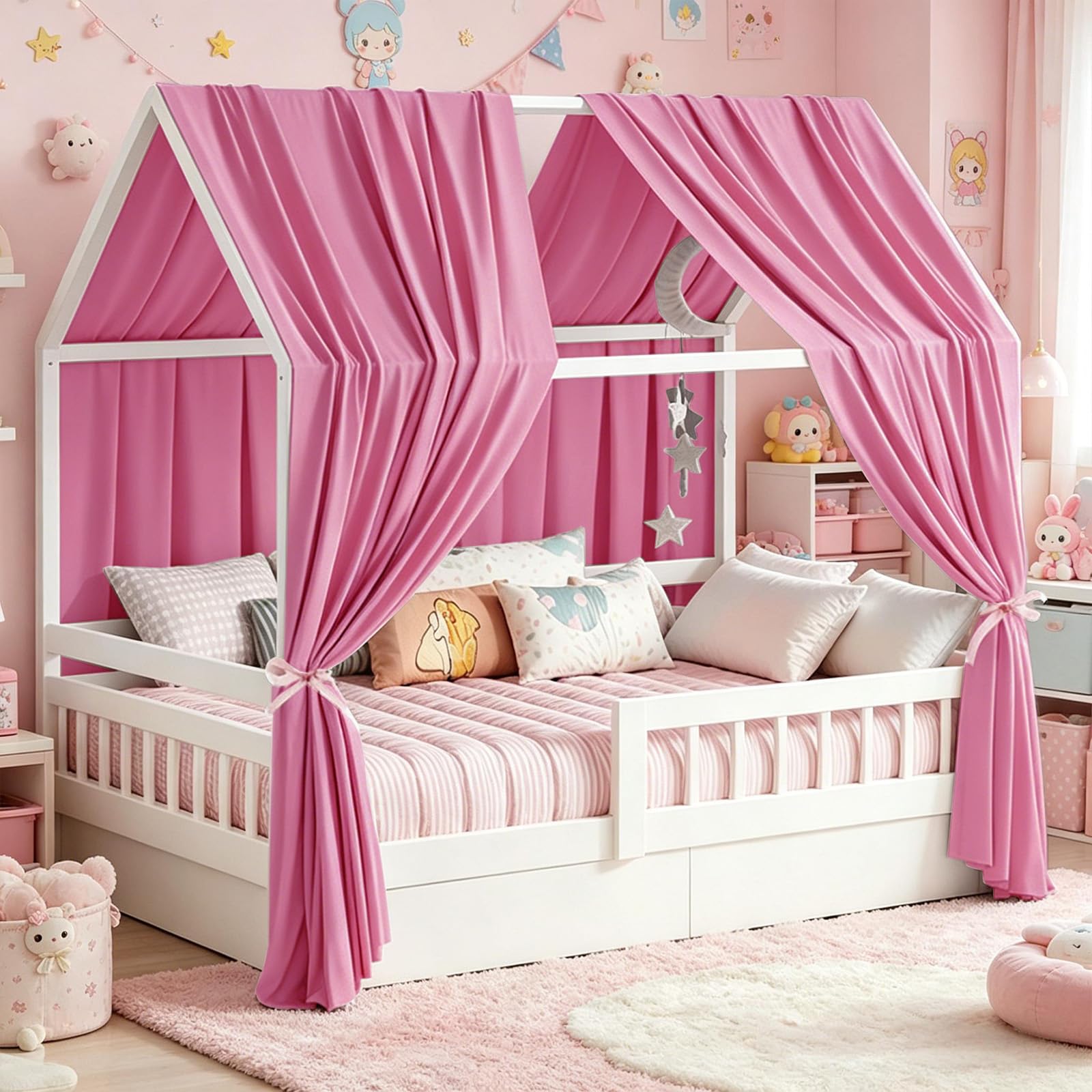 Dosel De Cama Casera Rosa, 2 Piezas Dosel De Cama Casera 270 x 67 cm, Cortinas De Dosel para Niñas Y Niños, Infantil Decoración Habitación Infantil