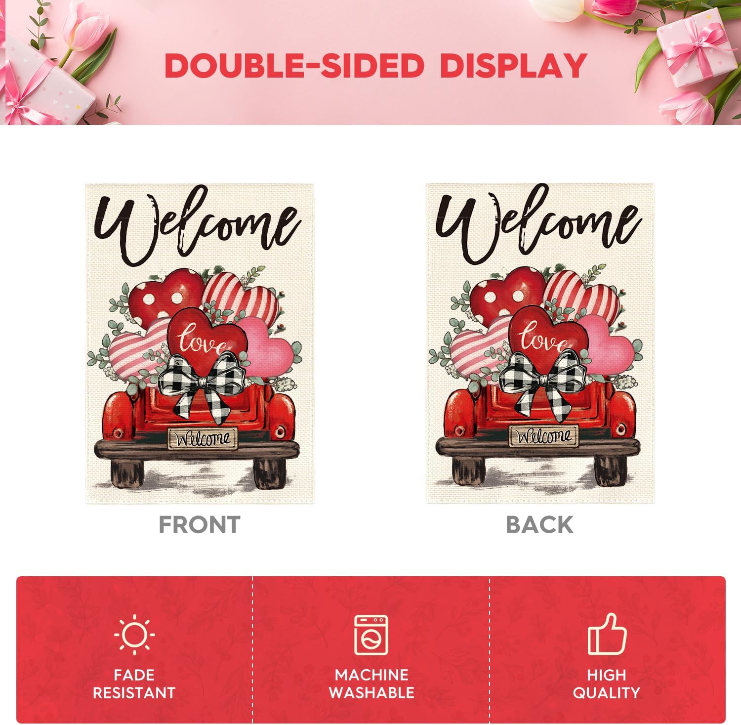 AVOIN colorlife Love Hearts Truck Valentines Day Garden Flag 12x18 Inch