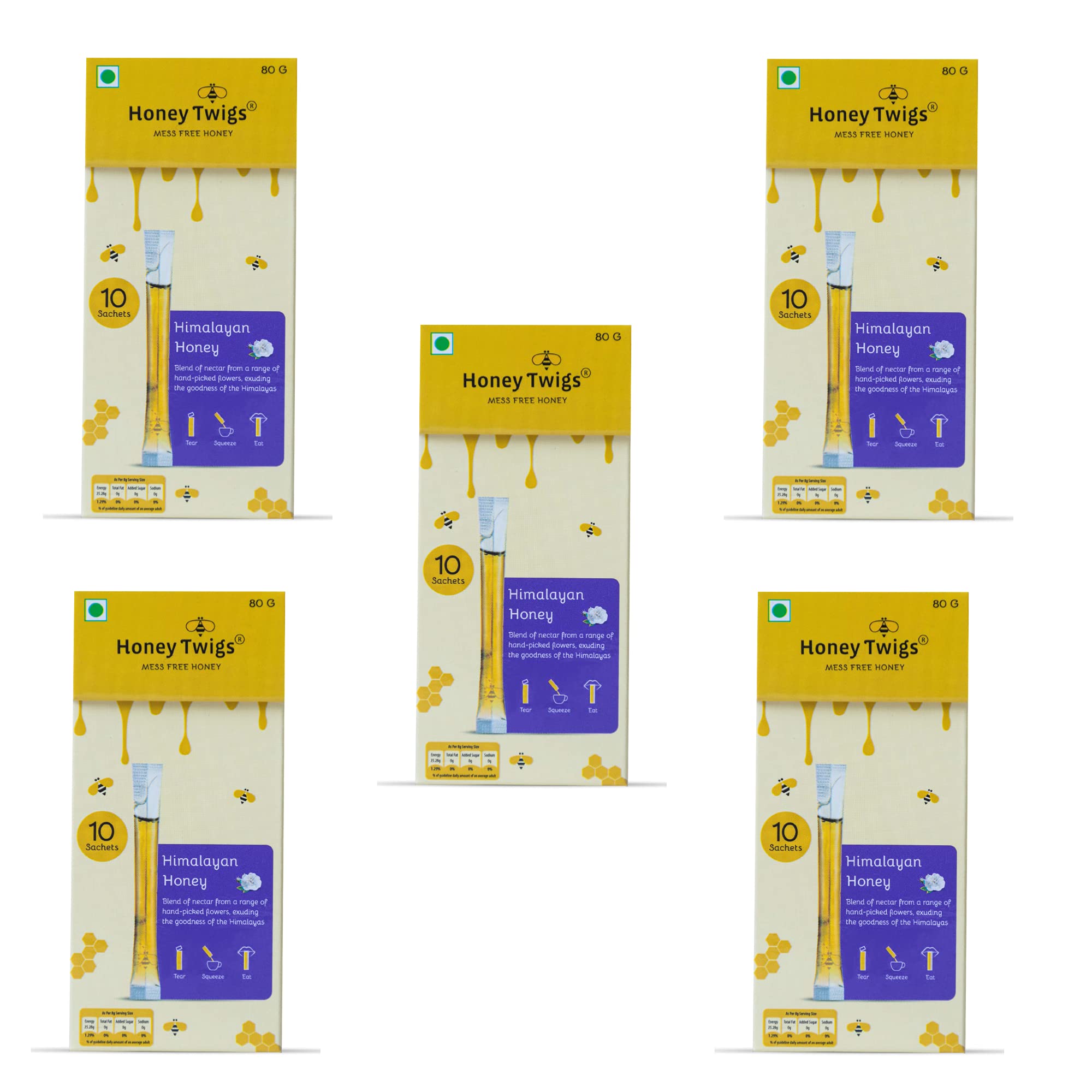 Honey Twigs Himalayan Multiflora Honey 400gms (50 Single Sachets - 80g x 5 Packs) | Grade A Himalayan Honey - Traceable Source | Zero Additives | Zero Added Sugar