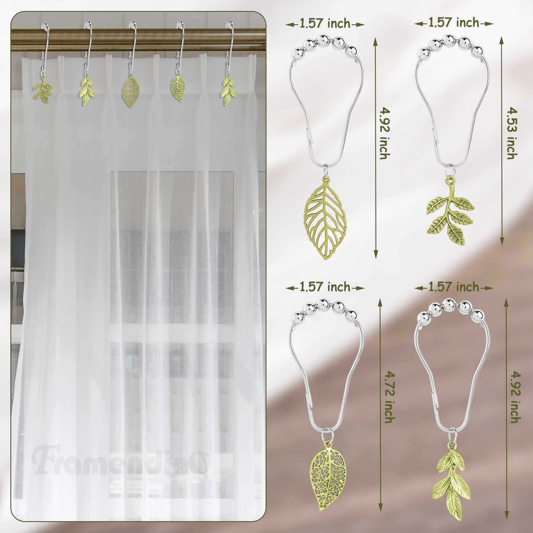 Framendino, 12 Pack Tree Leaf Shower Curtain Hooks Forest Green Rings Plants Metal Decorative Boho for Bathroom