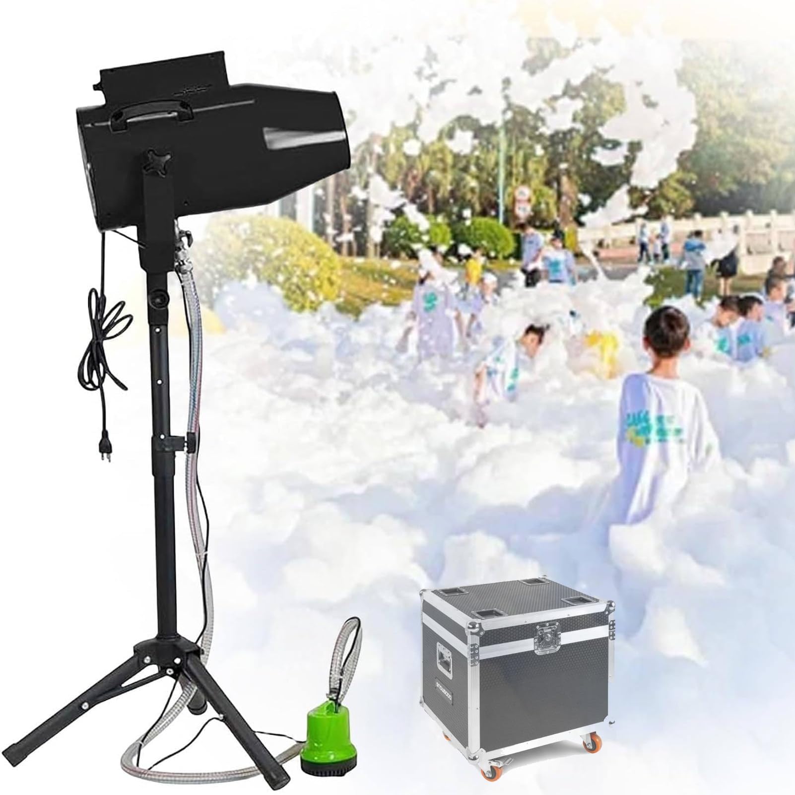 Pnpaea 250w/450w Professionalfoam Party Machine with Adjustable Tripod,Water Pump - Stage Bubble Blower For Outdoor Pools, Birthdays, and Events 1000-FlightCasePackaging