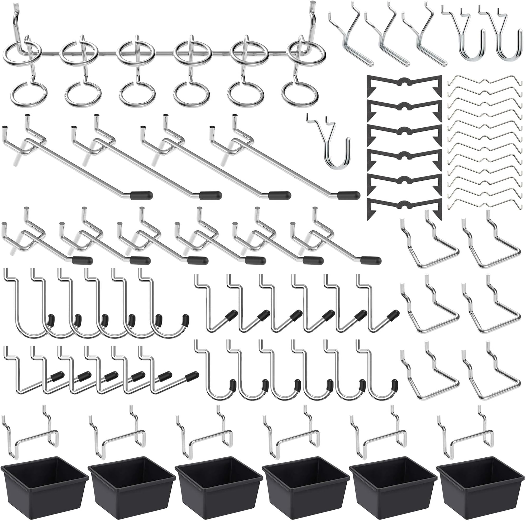 FRIMOONY Pegboard Hooks Assortment, Pegboard Accessories for Organizing Various Tools, with Pegboard Bins, 107 PCS, 48 of Which are Locks
