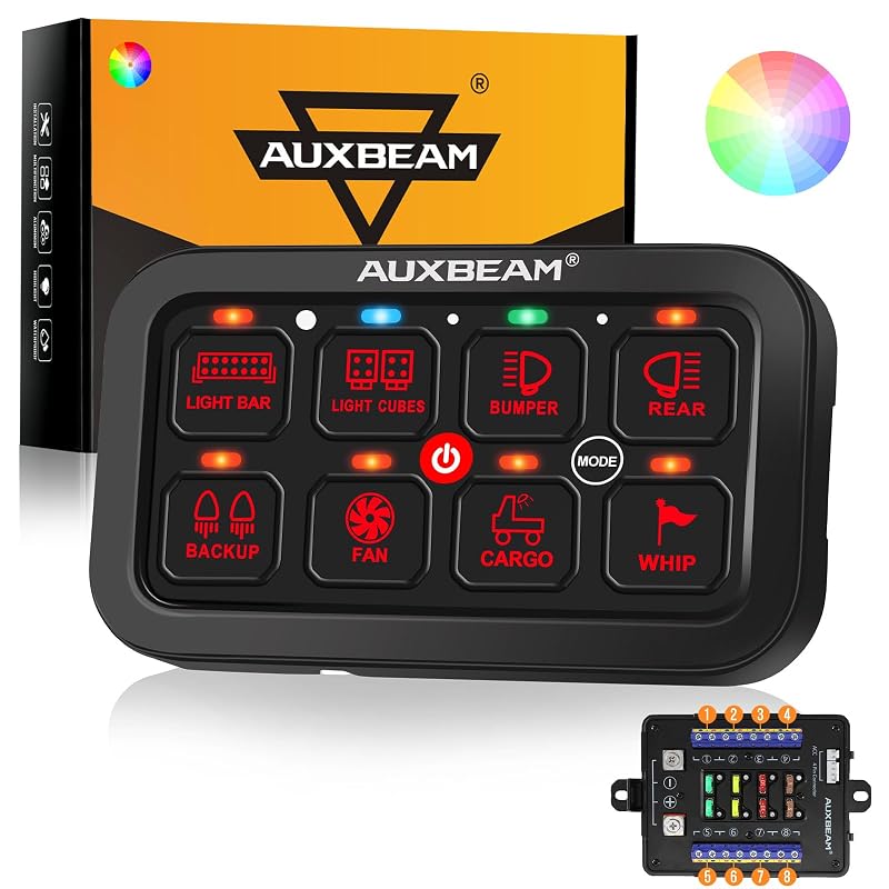 Painel de interruptores Auxbeam RB80 com 8 circuitos, RGB, 3 modos e fiação dupla – 1 unidade