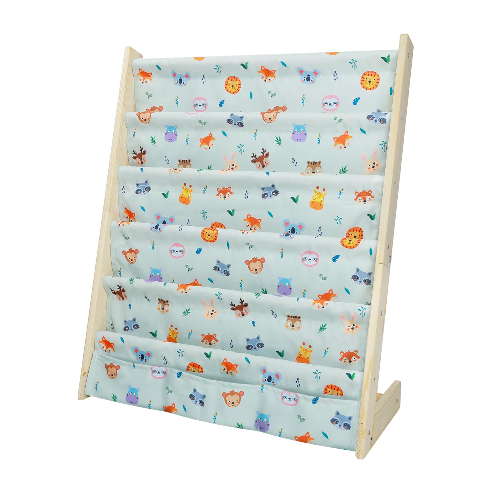 wooshwa Madera Libreria Infantil,Estanteria Libros Infantil con 5 Estanterías, Organizador de Juguetesde 3 Bolsillos con Mangas Profundas, 63 * 30 * 73cm (Animal Lindo)