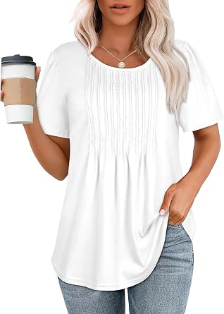 Womens T Shirts Short Sleeve Tops Pleated Dressy Casual Flowy Summer Blouses
