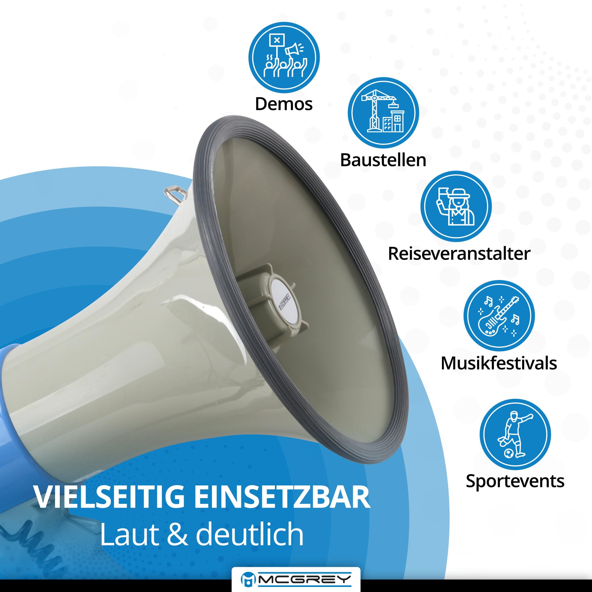 McGrey MP-800HRS Megaphon (Sprachrohr, 25 Watt RMS/80 Watt MAX), bis zu 1000m Reichweite, Handmikrofon, Sirene, Whistle, Aufnahmefunktion, USB/SD/AUX-MP3-Player batteriebetrieben grau/blau