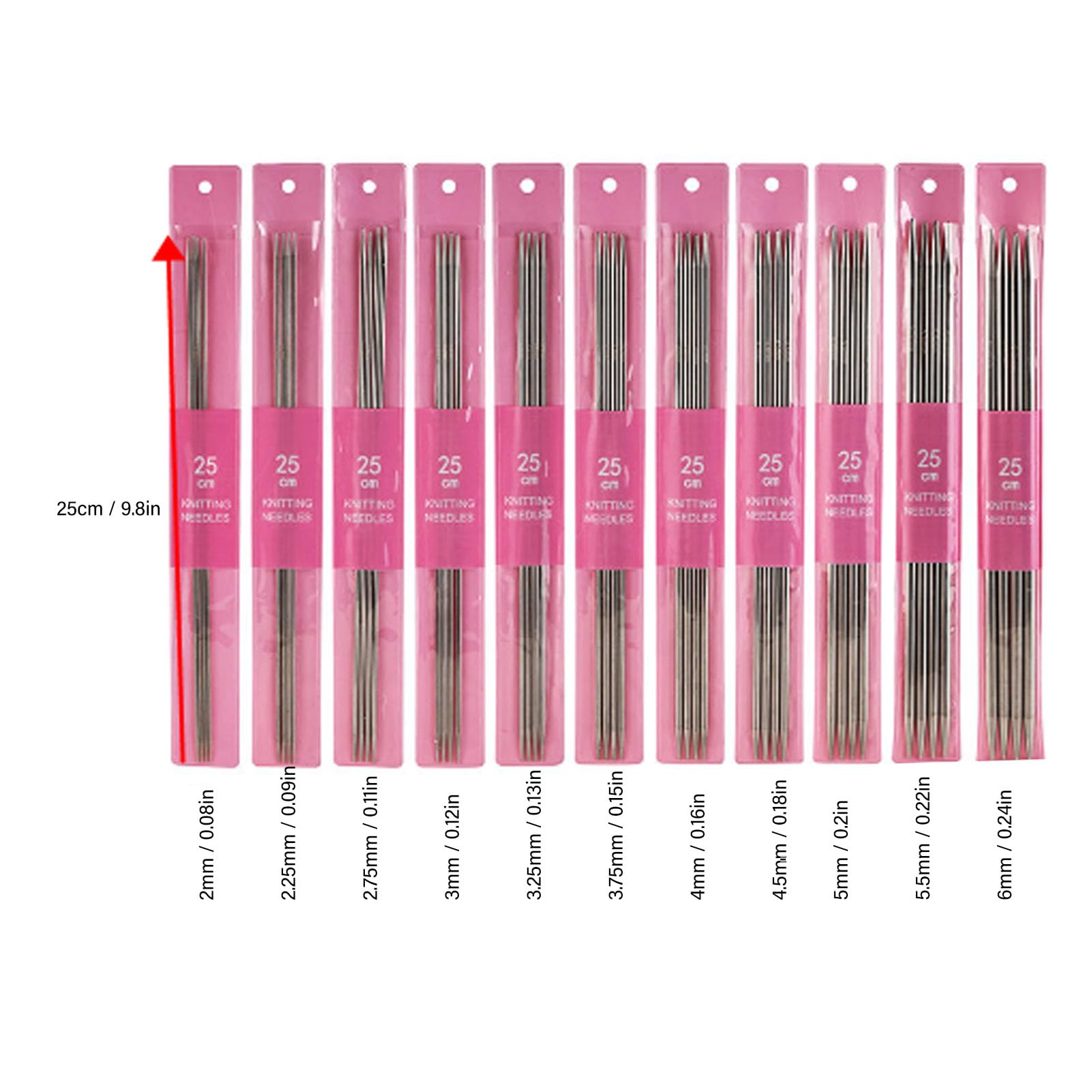 Set 44 Ferri Da Maglia A Doppia Punta In Acciaio Inossidabile - 11 Misure Da 2mm A 6mm, Lunghezza 25 Cm