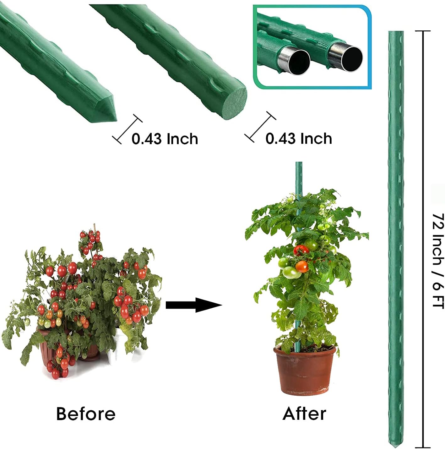 Kogrew, 6Ft 25Pcs Plant Stakes Garden Tomato Sticks Supports for Potted Cucumber Strawberry Bean, 72inch-25Pcs