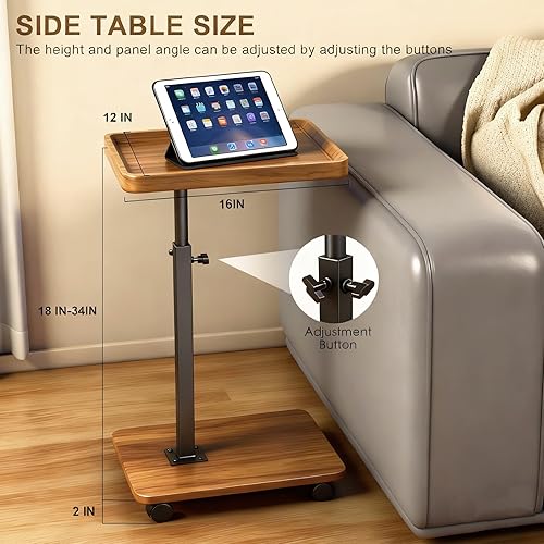 Miniatura 5 de Mesas de sofá de altura ajustable que se deslizan debajo del sofá, mesa giratoria de 360 con rueda, mesa auxiliar en forma de C para sofá, mesa C