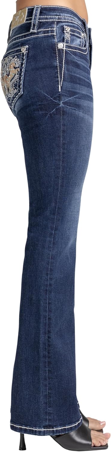 Miss Me Women's Annie Rearing Horse Embellished Pockets Mid-Rise Bootcut Jeans