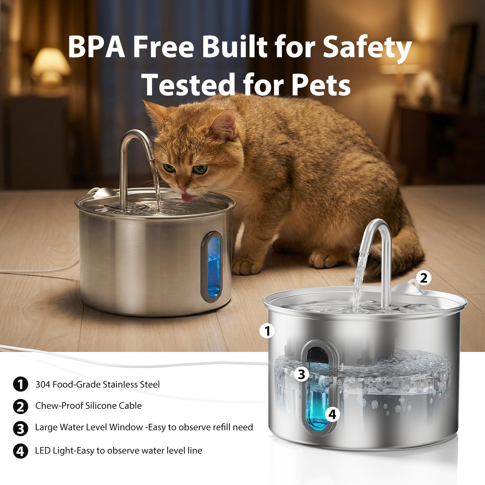 304 Stainless Steel Cat Water Fountain - 2.8L/95oz Quiet Electric Pet Water Fountain with Multi-Stage Filtration, Easy to Clean & Assemble (Pet Water Fountain+1 Filter) - image 6