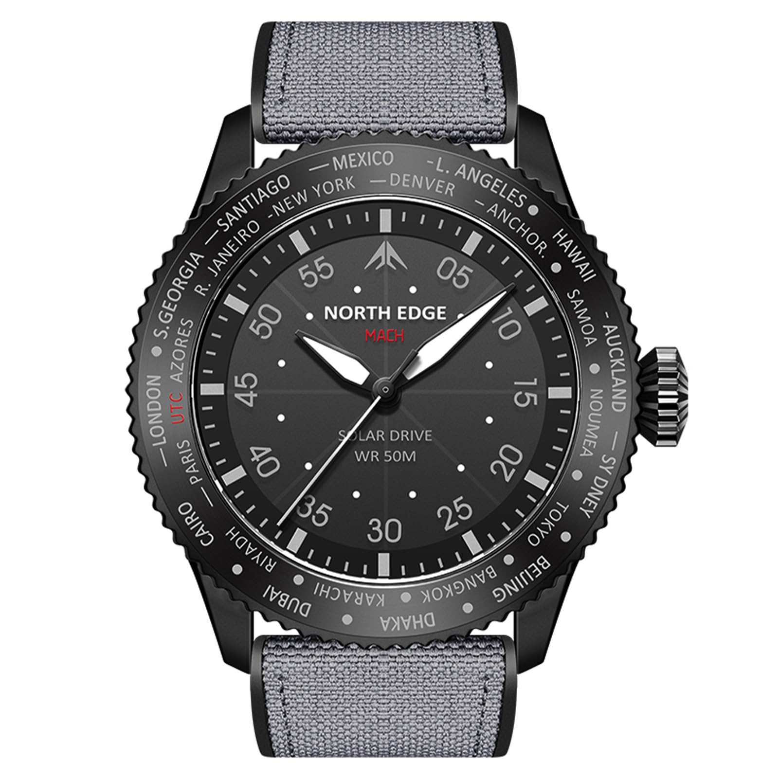 plplaaoo North Edge Mach Pilot Solar Watch para Hombres Visión Nocturna de cronógrafo Impermeable de 50 m Que Dura hasta 180 días Case de Acero Inoxidable de Acero Inoxidable TPR TPR TPR