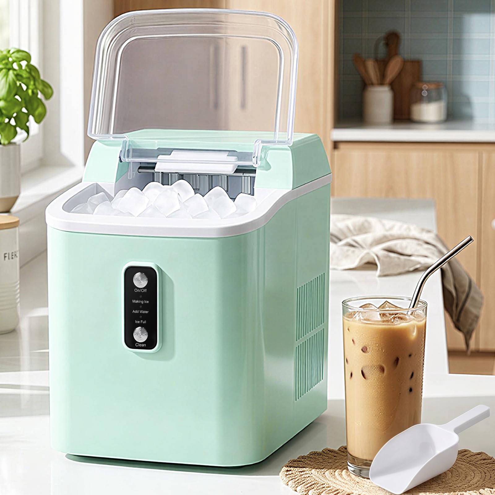 Nugget Ice Maker Countertop, 6-Min Fast Chewable Pellet Ice, 24lbs/24h Portable Ice Machine With Self-Cleaning, Ice Full & Low Water Indicator, Basket & Scoop For Home, Party, RV, Camping (Green) on Fridge.com - View 1