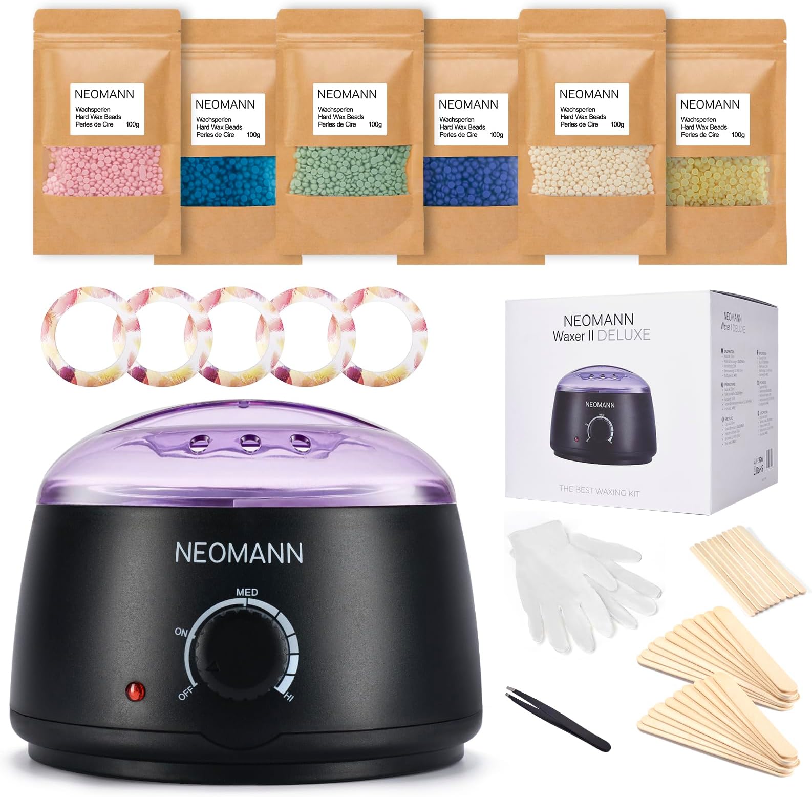 Waxer II Deluxe Hot Waxing Kit, Hair Removal Wax Warmer | Wax Pot for Waxing Professionals & Beginners | Salon Quality Wax at Home, 600g Beads, 30 spatulas, Gloves & Tweezer