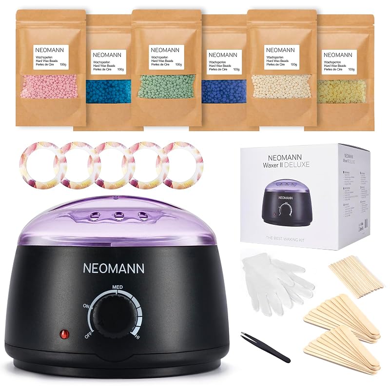 Kit de depilação com cera NEOMANN, aquecedor e 600 g de grânulos de cera dura, 30 palitos