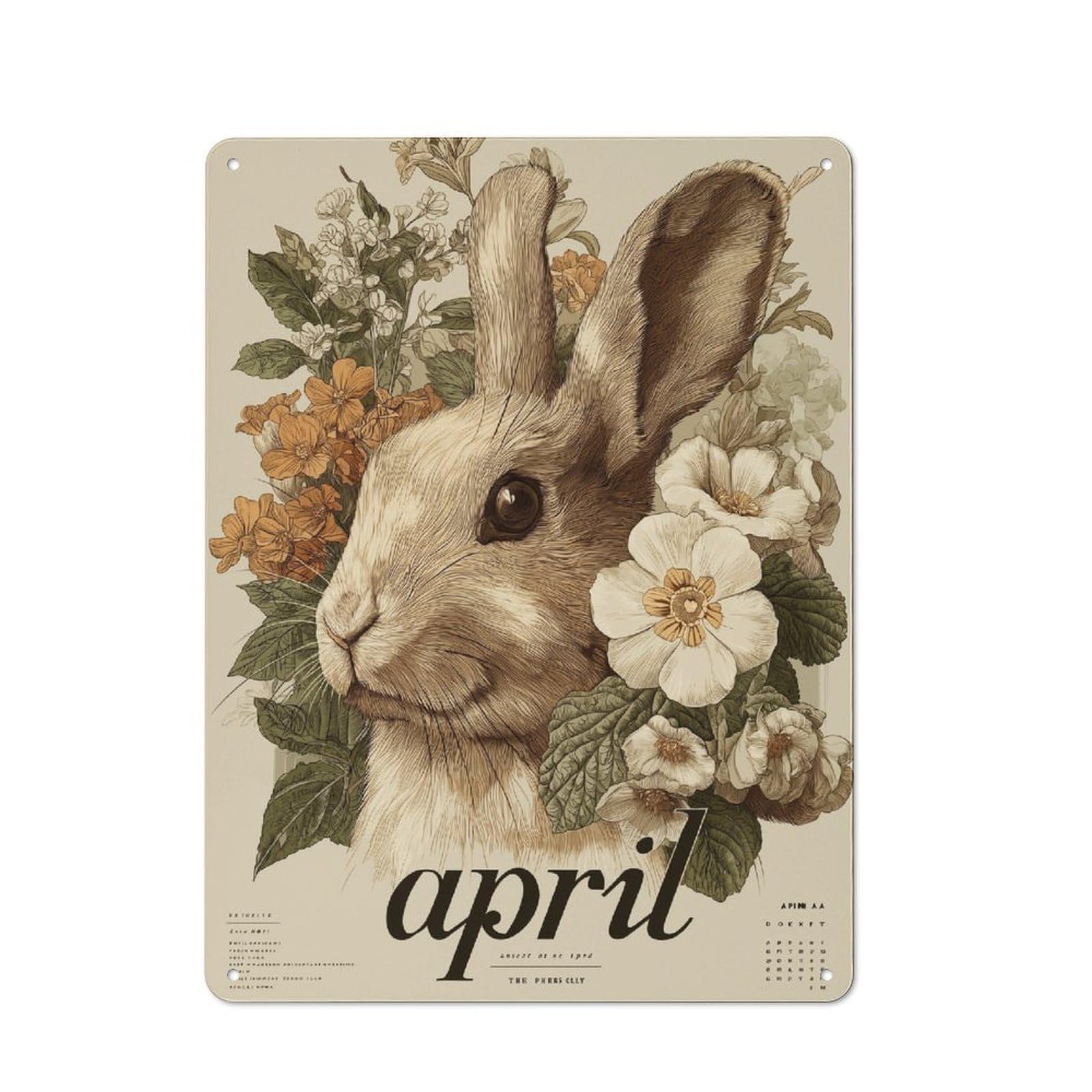 Junmoney April Bunny Blossom Calendar Industrial Decorative Metal Plaque 40X30cm Featuring Urban Room Decor For Flat, Bar, Studio Or Gallery Wall
