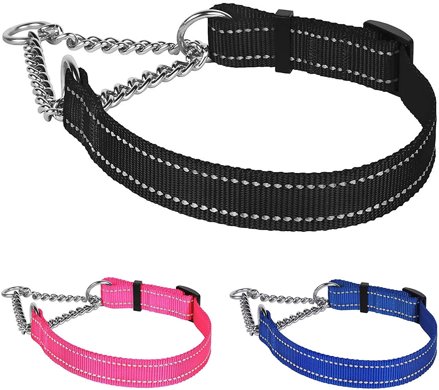 CollarDirectMartingale Dog Collar Training Adjustable Stainless Steel Chain Reflective Nylon Pet Collars for Medium Large Dogs (L, Neck Fit 16"-24", Black)
