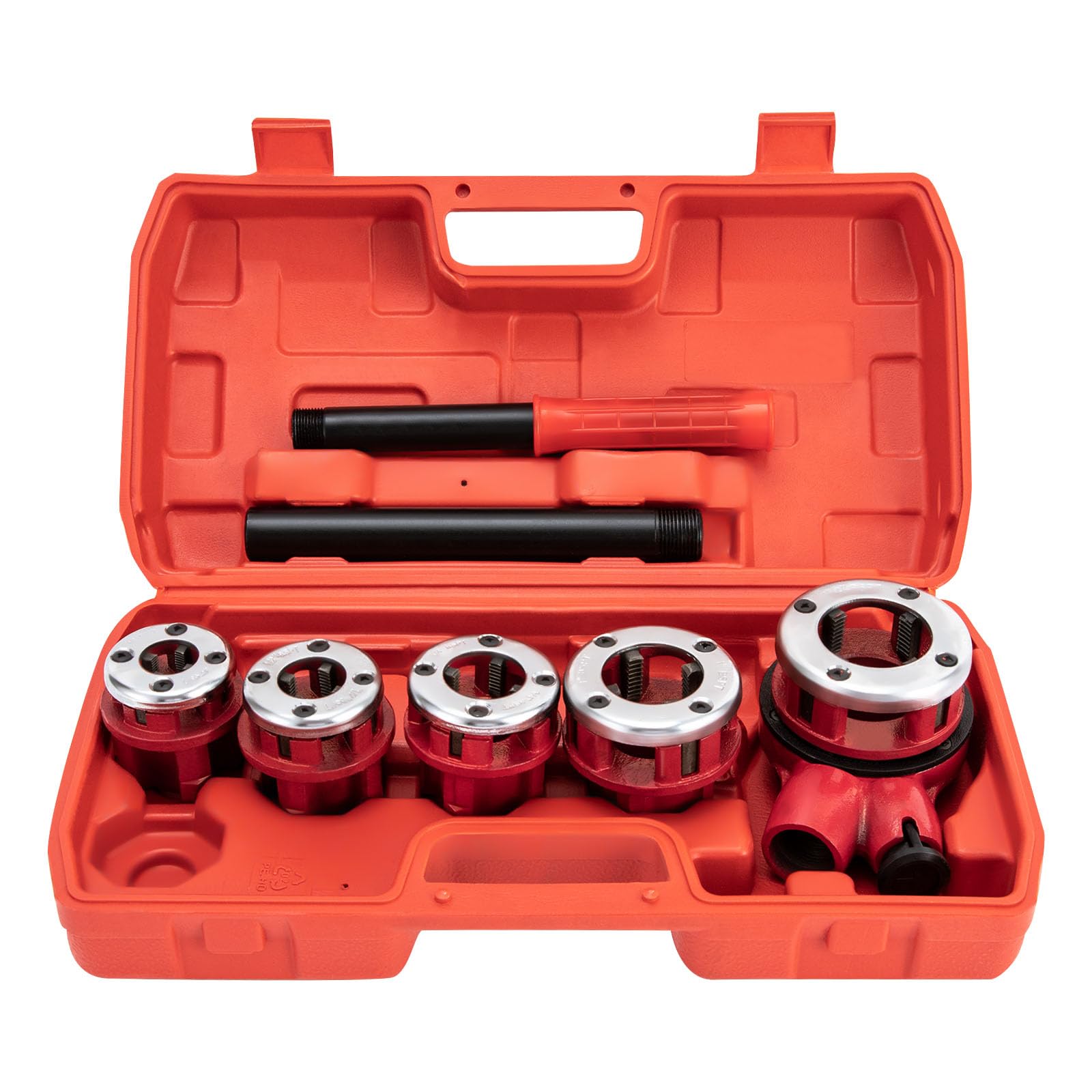 Set di filettature per tubi, 5 pezzi, 3/8" – 1 – 1/4" BSPT, set di filettatura manuale in acciaio al carbonio con cricchetto e valigia, bocchetta di taglio professionale per tubo dell'acqua e sanitari