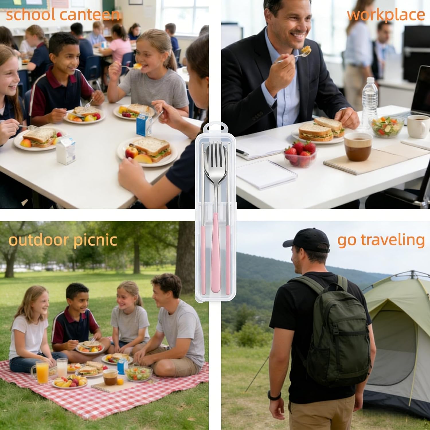 Reusable Travel Utensils Set - 5-Piece Stainless Steel Cutlery with Case, Portable Silverware for Camping, Office & Lunch Box, Eco-Friendly On-the-Go Flatware Kit (Pink) image 2