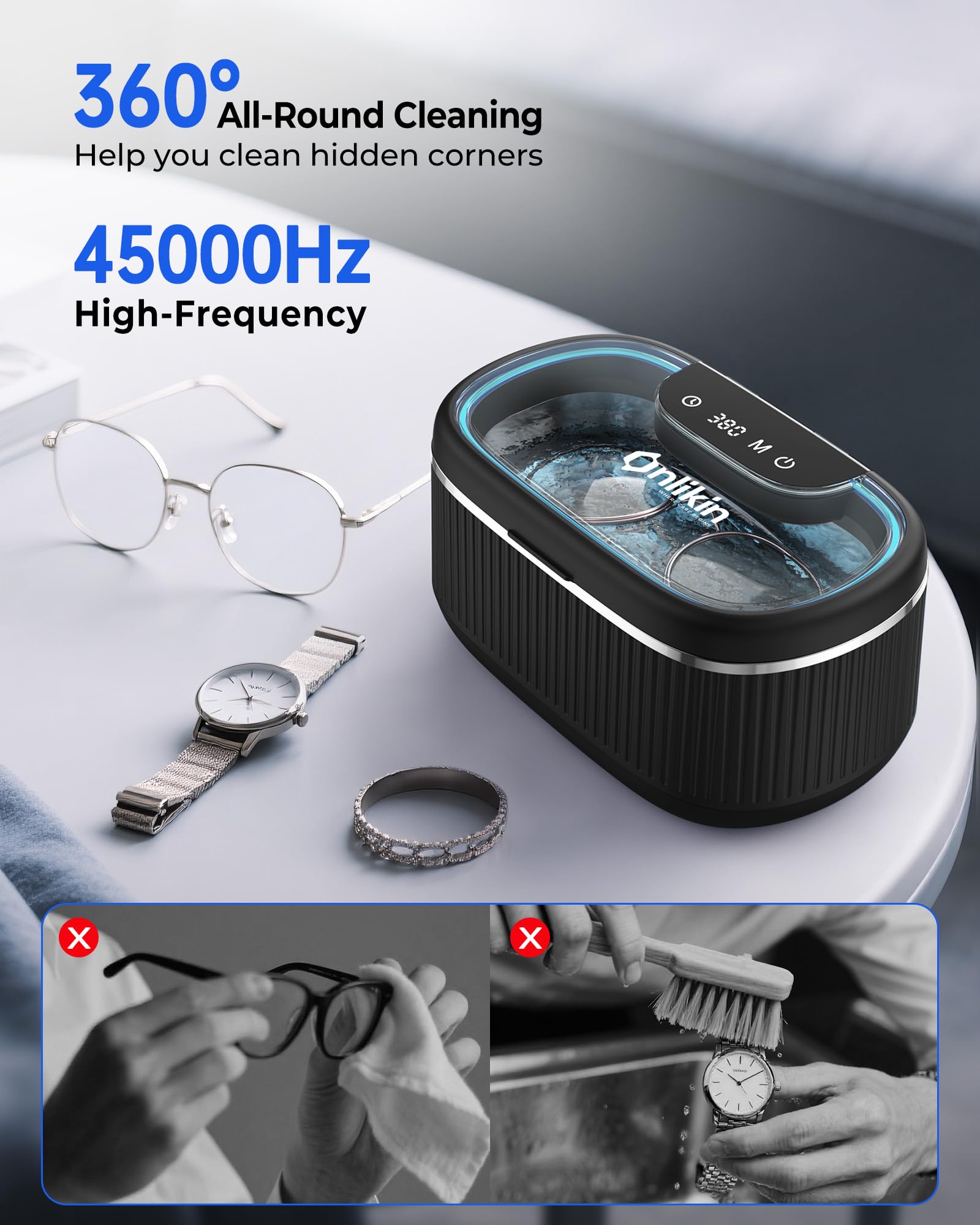 Limpiador ultrasónico para joyas, 35 W, 45 kHz, 5 temporizadores, 3 modos de potencia, gafas, anillos, correa de reloj, dentaduras postizas - 20 piezas