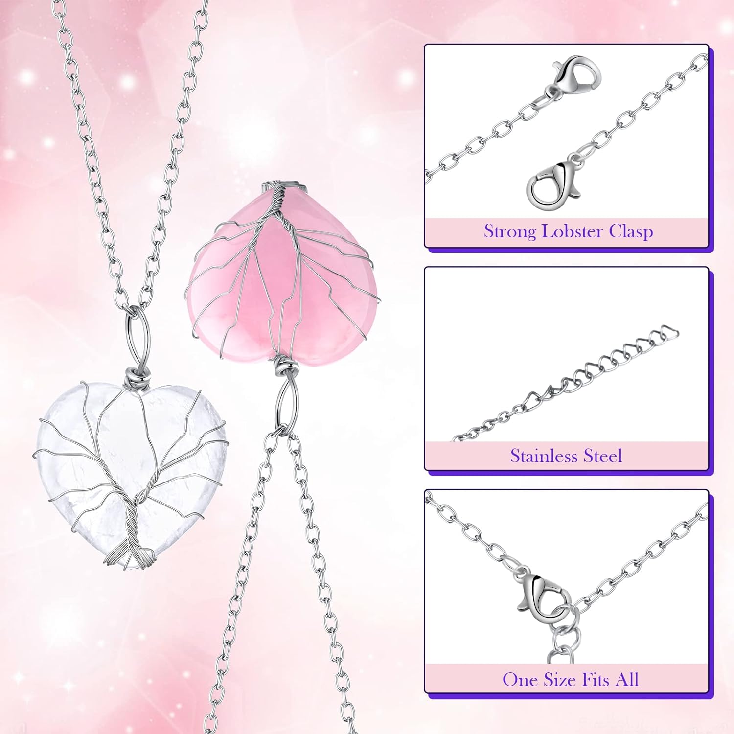 Sureio 4 Pcs Tree Life Healing Crystal Necklace Heart Shape Pendant Rose Quarts Necklace Energy Gemstone Pendant for Woman Valentine Mothers Day - Image 3