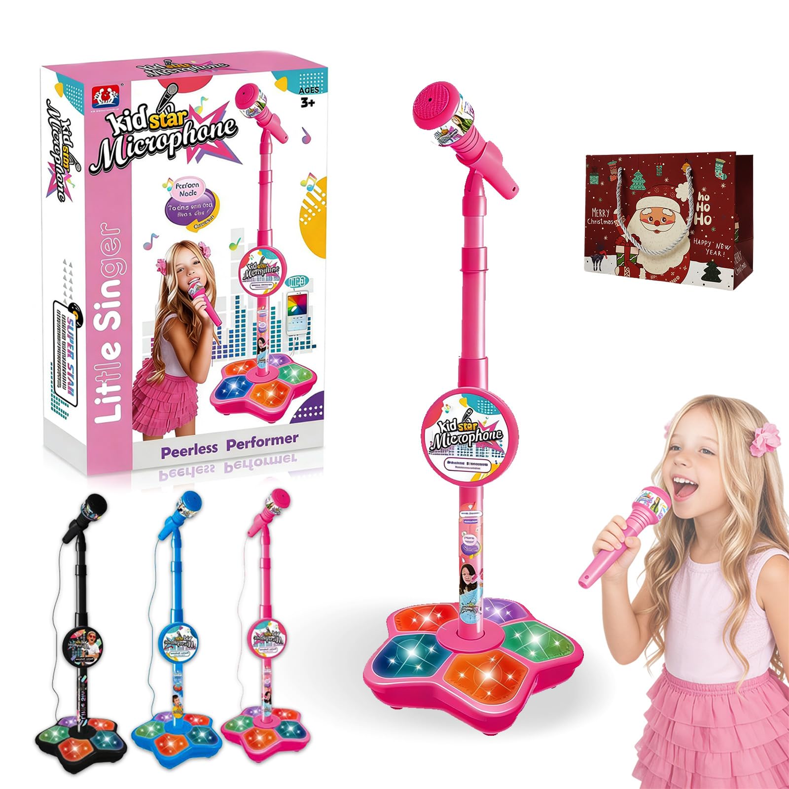 2026 New All-in-One Microphone Toy, Kids Microphone with Stand Adjustable, 5-in-1 Kid Star Microphones with Stand, with Music & Light, Speaker & Echo Effects, Christmas Birthday Gift (Pink)