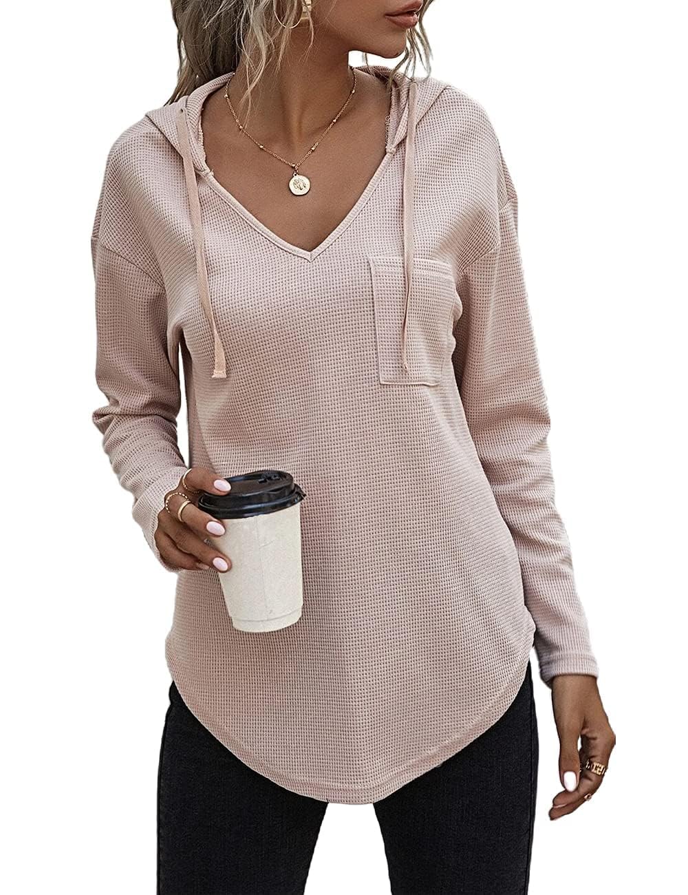 Cegerne Pullover Damen Hoodie Langarm V Ausschnitt Pullover Sweatshirt Kapuzenpullover Einfarbig Drawstring Top