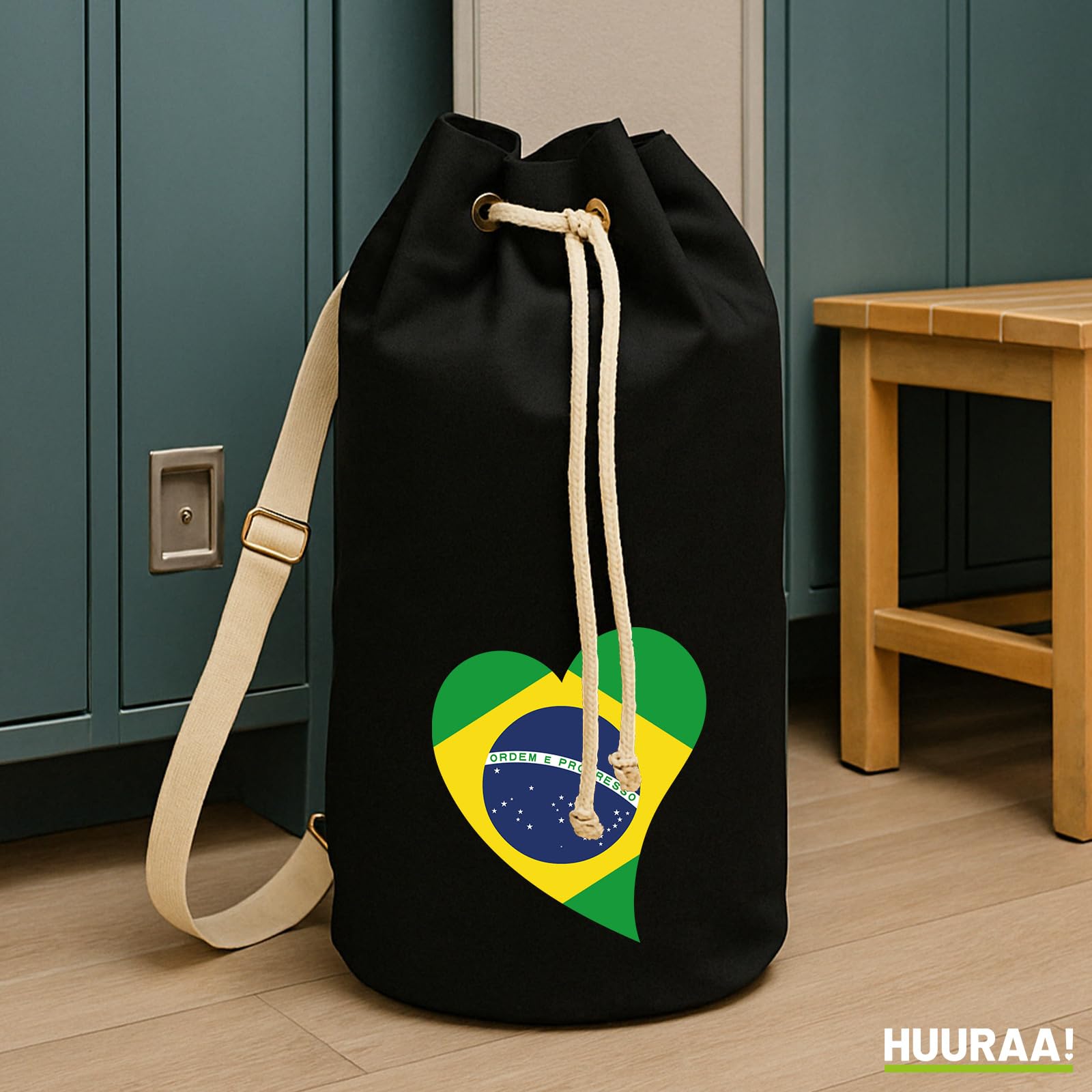 Huuraa Seesack Brasilien Flagge Herz 20 Liter Black Baumwolle Rucksack Geschenkidee
