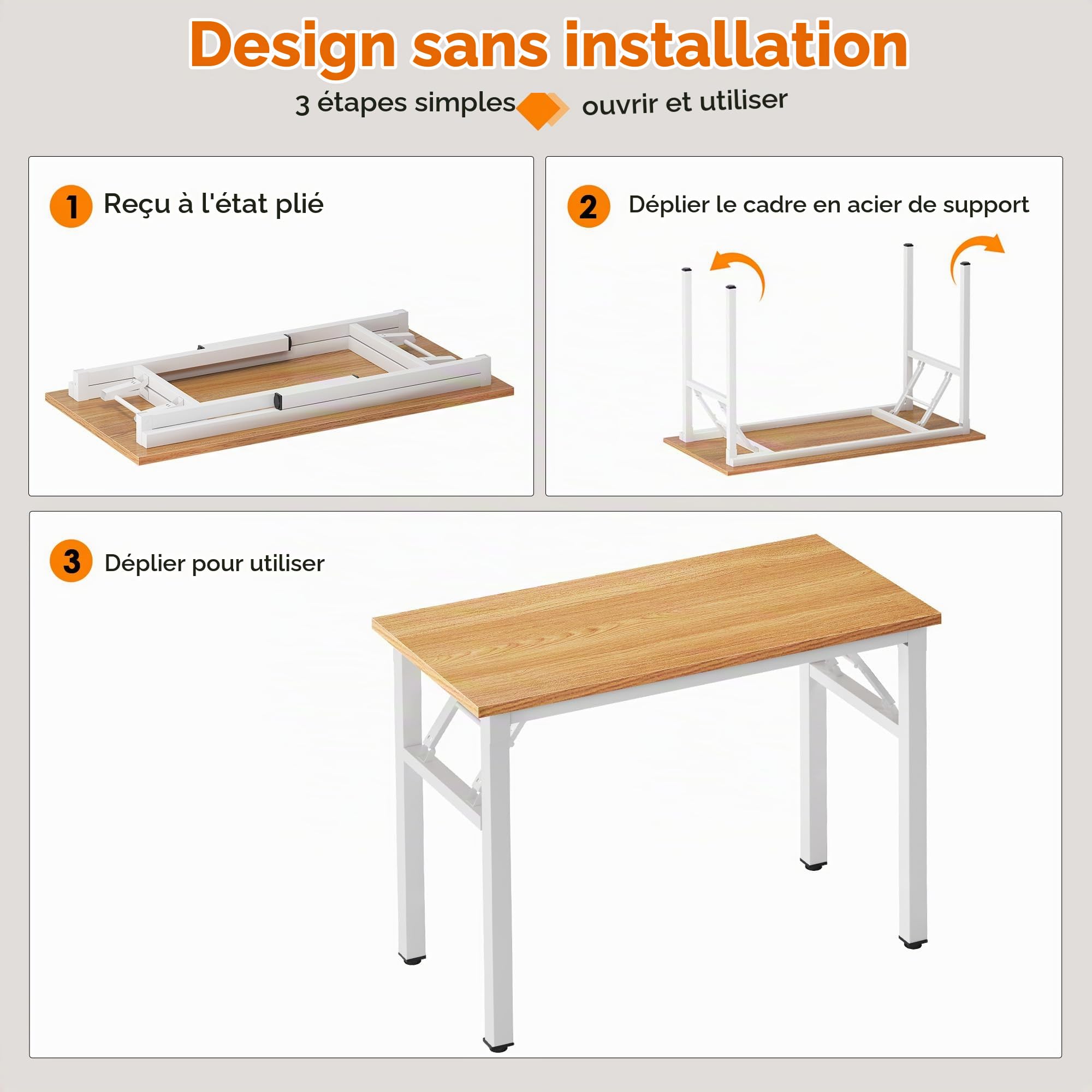 Bureau Pliable, Bureau Informatique, Poste de Travail, en Bois Table d’étude pour Maison, 80x40x75CM (Teck & Blanc)