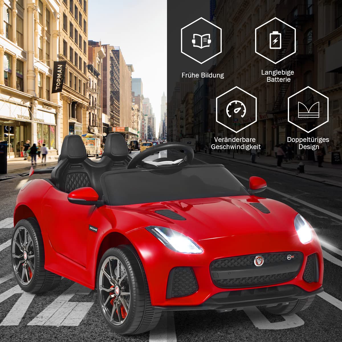 COSTWAY Jaguar elektryczny samochód dziecięcy z historiami, muzyką, klaksonem i reflektorem, 12 V, z pilotem zdalnego sterowania 2,4 G, samochód elektryczny 3-5 km/h, dla dzieci od 3 lat (czerwony)