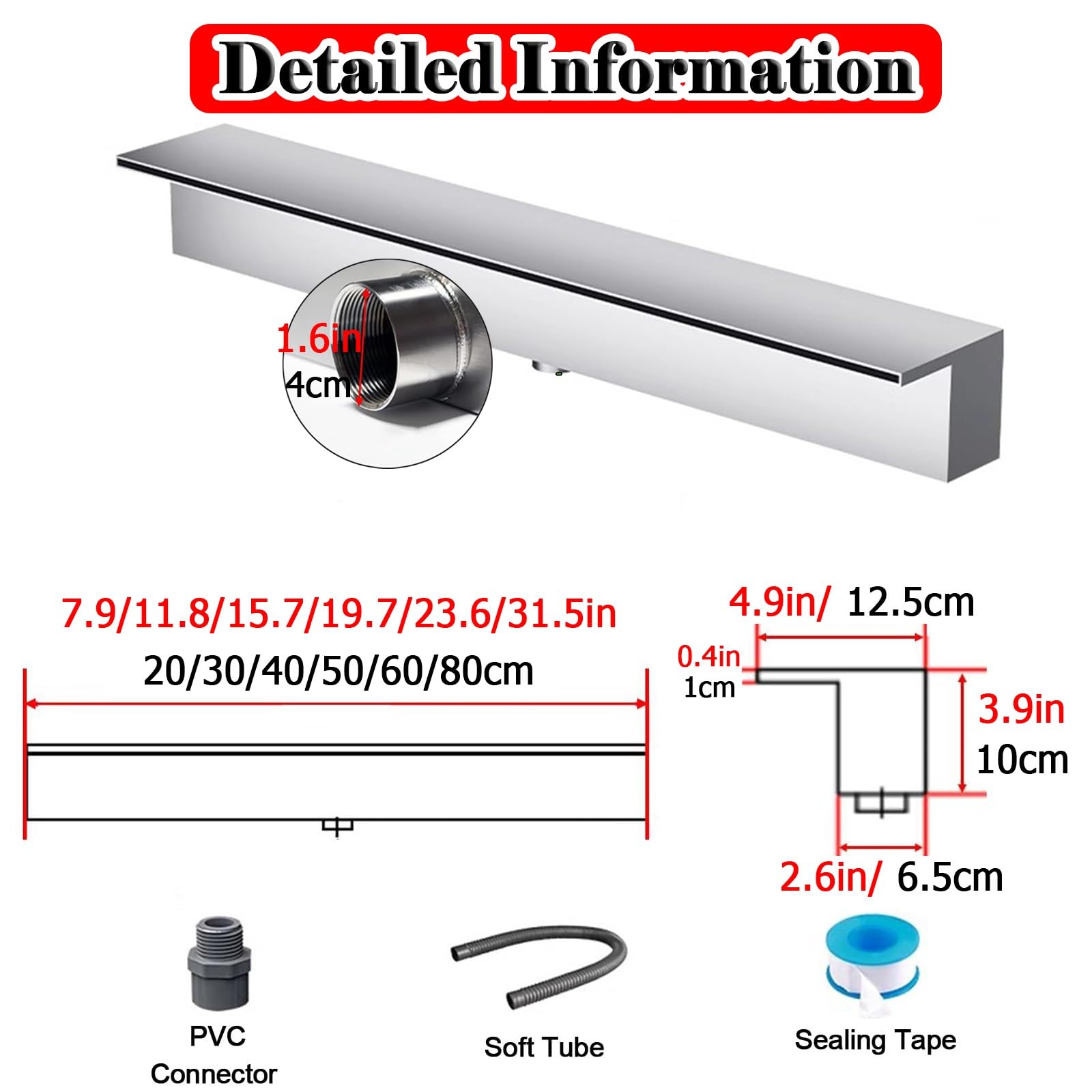 Generico Cascata a sfioro da 45 cm Resistente alla ruggine per laghetto di Koi - Elemento Acquatico da Esterno Durevole, Facile Installazione per Giardino Acquatico in Giardino, Finitura Argento