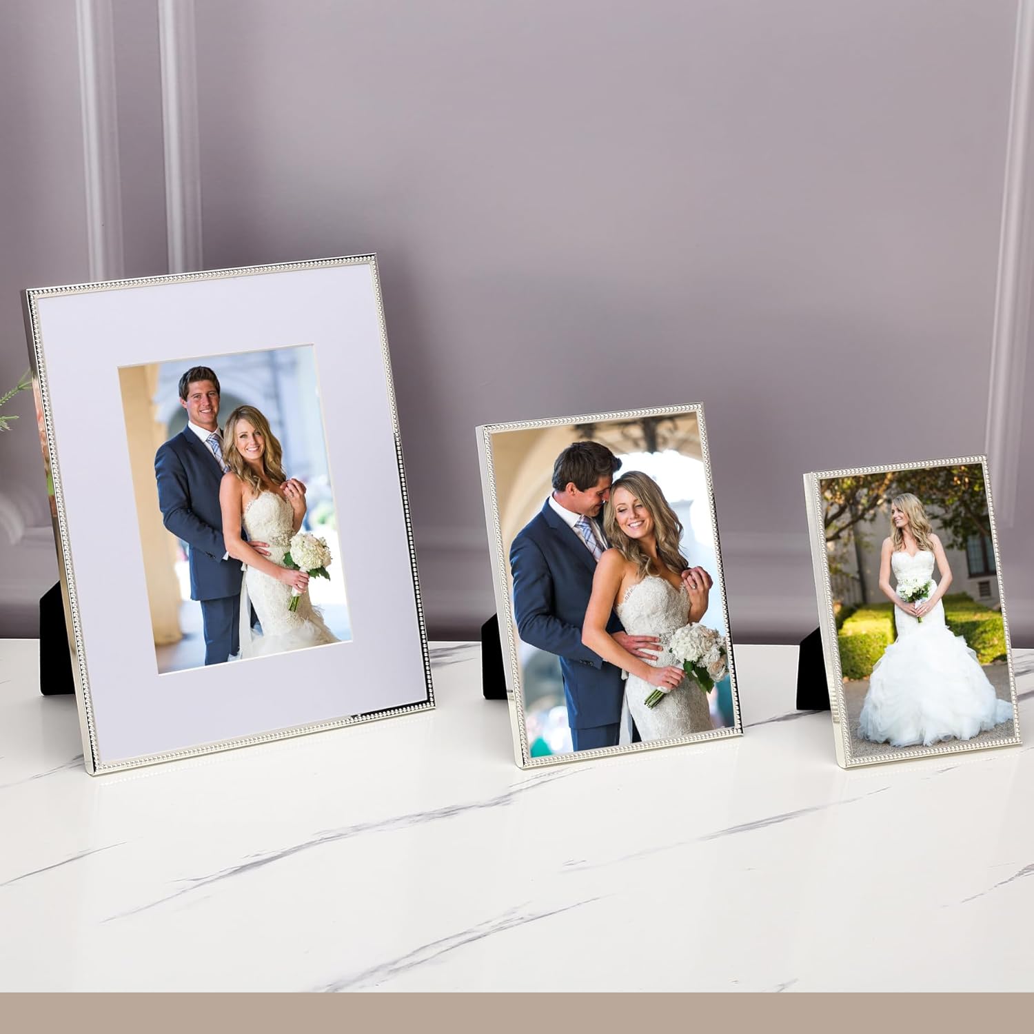 YiPinYin 8x10 Silver Metal Picture Frame 2 Pack with Removable Acid-Free Mat for 5x7,Metal Beaded Design,with Real Glass & Velvet Backing,for Wall Mount & Tabletop Display