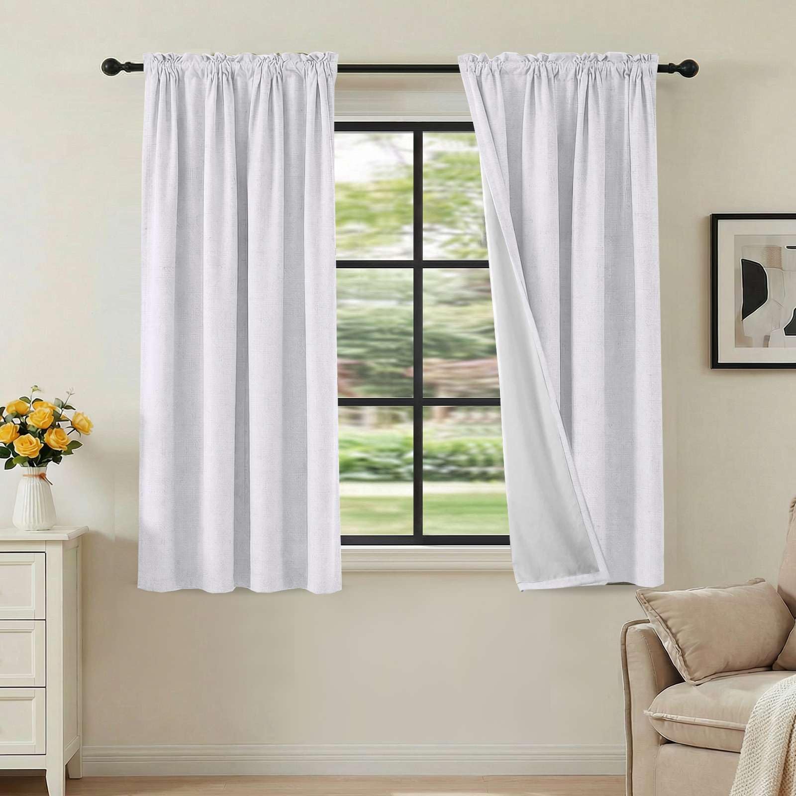 Photo 1 of H.VERSAILTEX Linen Look 100% Blackout Curtains 45 Inches Long for Bedroom Rod Pocket 42 Inches Wide Linen Textured Thick Window Curtain Drapes with White Backing, Bright White, 2 Panels