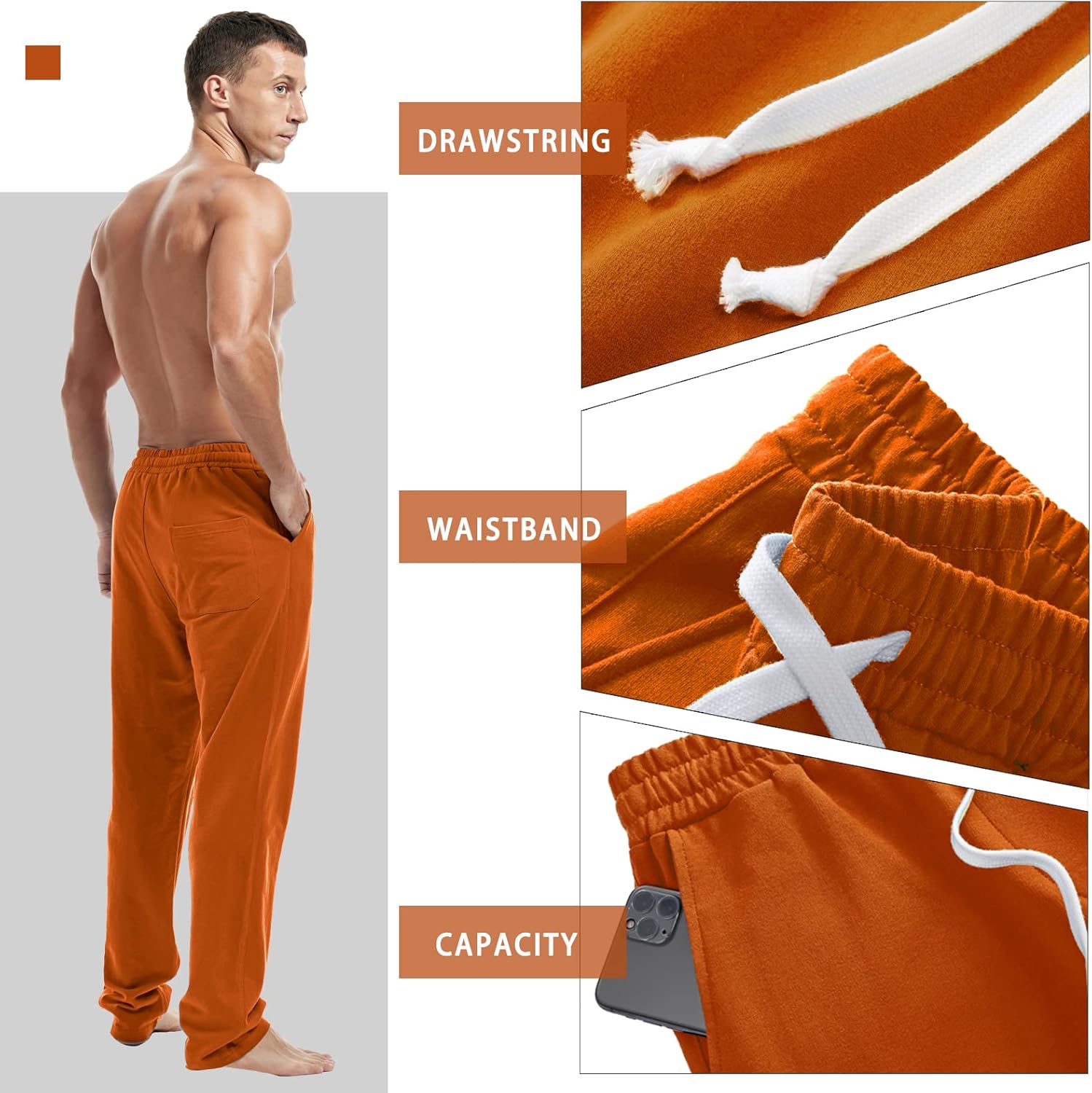 AMY COULEE Mens Cotton Athletic Pants Open Bottom Running Sweatpants Straight Leg Casual Joggers with Pockets - Image 4