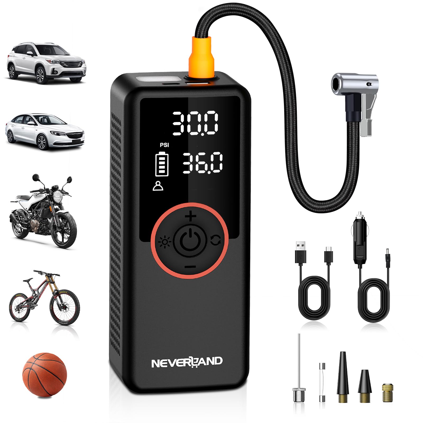 NEVERLAND Tire Inflator Portable Air Compressor - 30000mAh 180PSI 150W Tire Inflator with Digital Gauge Dual Lighting, Portable Tire Inflator for Car Ball Motorcycle Bike and Charging DC 12V