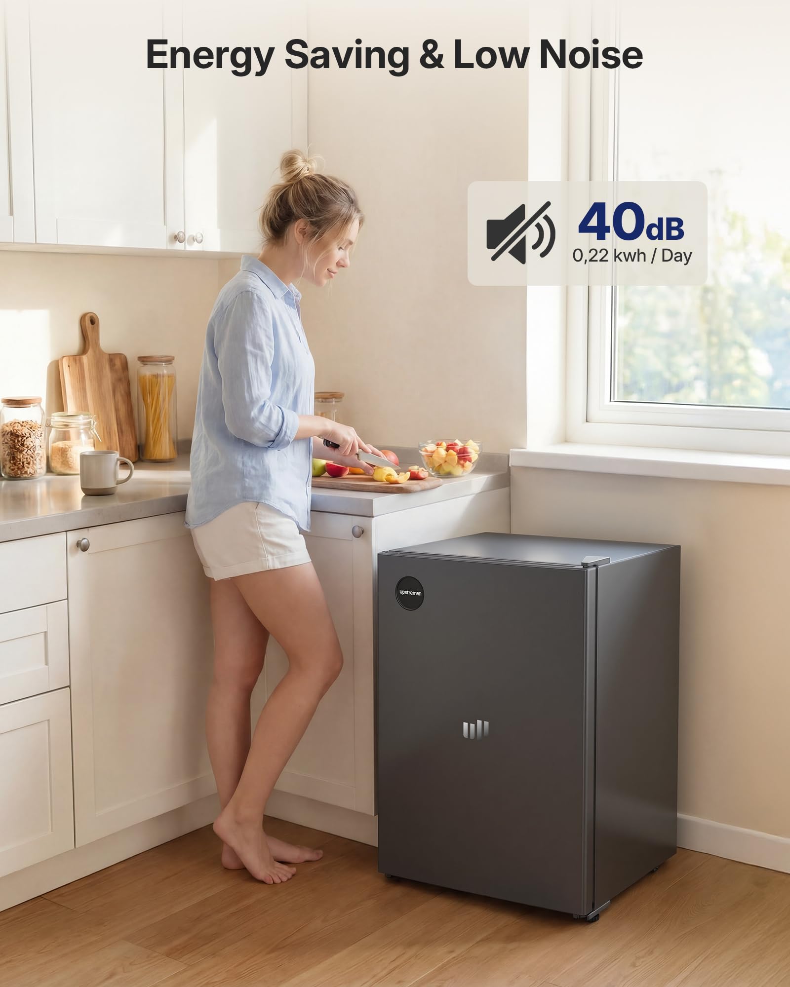 Upstreman 71L Fridge Without Freezer Compartment, 1-10°C 7-Step Temperature Control, LED Lighting, 40dB Quiet, Energy-Saving Full-Size Refrigerator for Bedroom, Office, Kitchen, CR71-Dark gray — view 3