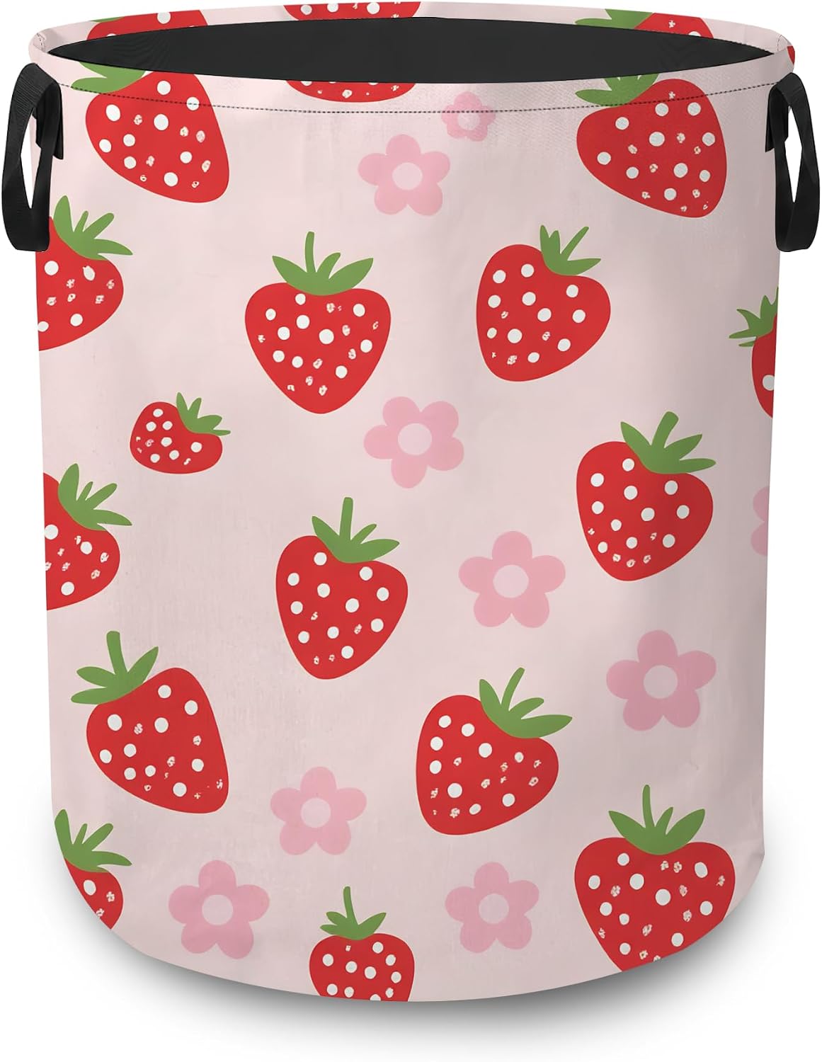 Laundry Basket,Pink Strawberry Foldable Clothes Hamper with Handles,Cute Flower Waterproof Oxford Cloth Storage Organizer for Bedroom Bathroom College Dorm,16" x 20"
